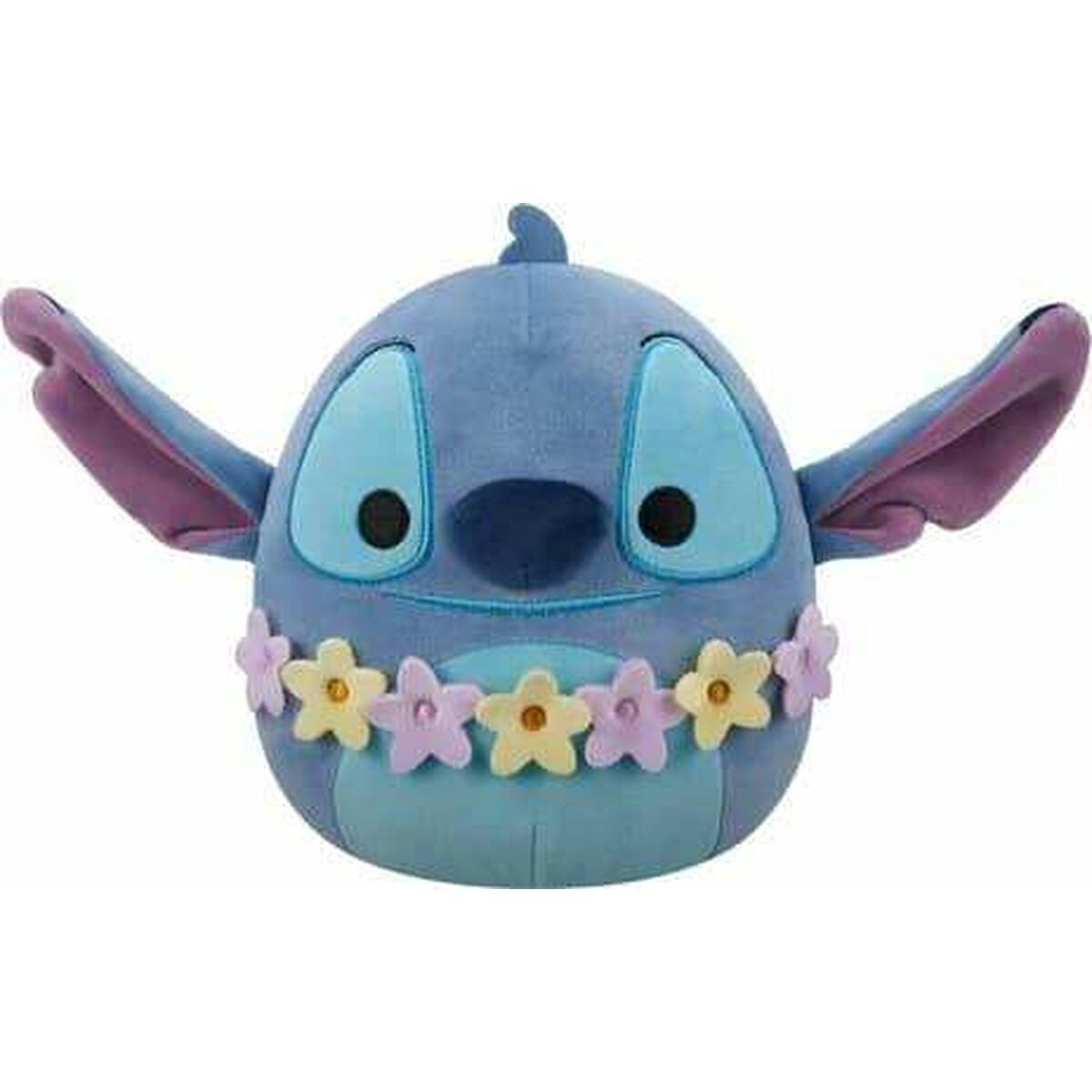 Ein blaues Stitch-Plüschtier mit großen Ohren, Blumenkette und großen Augen. Der Hintergrund ist einfarbig weiß.