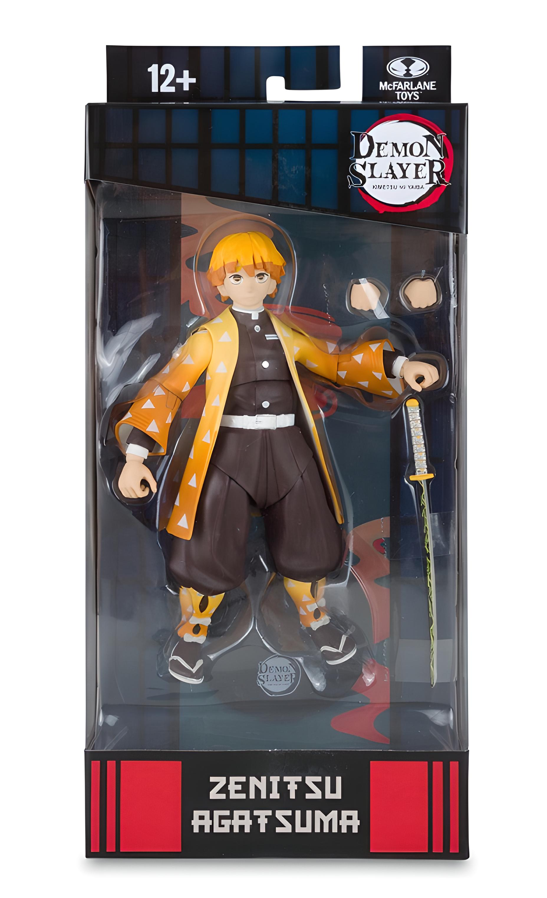 Eine Zenitsu Agatsuma-Actionfigur in einer Box. Er hat gelbes Haar und trägt eine braune Uniform mit einem orangefarbenen und weißen Dreiecksmuster.