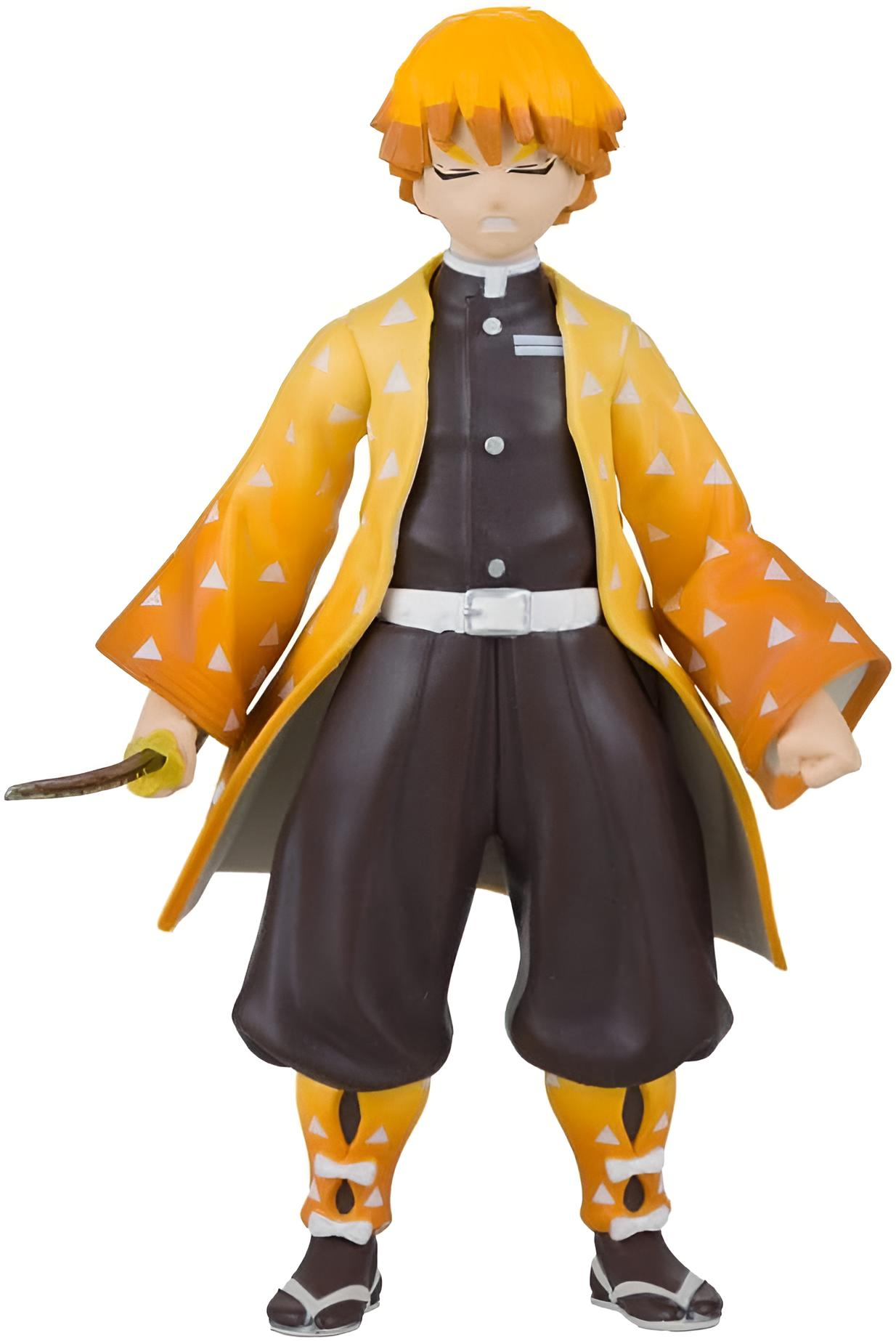 Eine Figur einer Figur aus Demon Slayer mit gelben Haaren und einem gelben Mantel. Er hält ein Schwert. Braune Hose und weißer Gürtel.