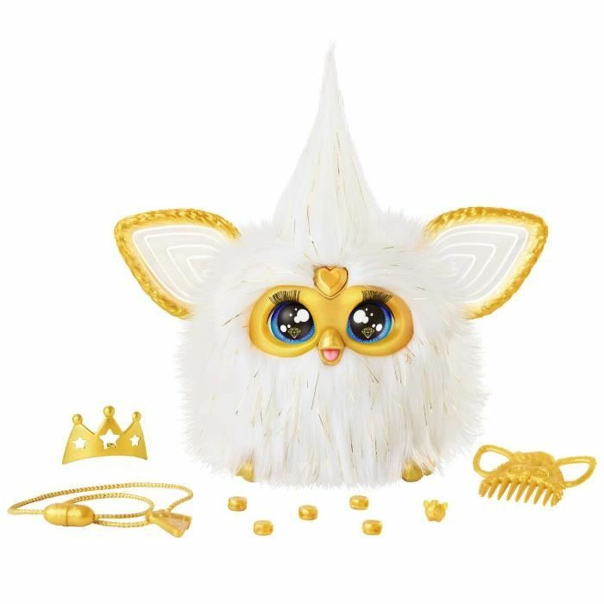 Ein weißes Furby-Spielzeug mit goldenen Akzenten, Zubehör wie Krone, Halskette und Kamm und einem weißen Hintergrund.