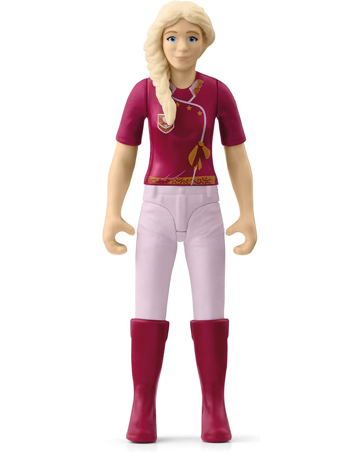 Eine Spielfigur eines Mädchens mit blonden Haaren in einem Zopf, das ein weinrotes Hemd, eine weiße Hose und weinrote Stiefel trägt.