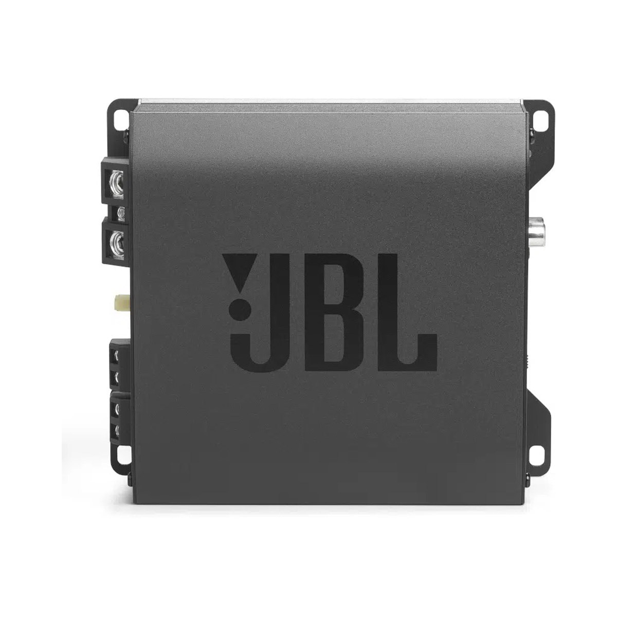 Ein schwarzer JBL-Verstärker mit dem JBL-Logo. Er hat Anschlüsse und Befestigungslöcher. Er steht vor einem weißen Hintergrund.