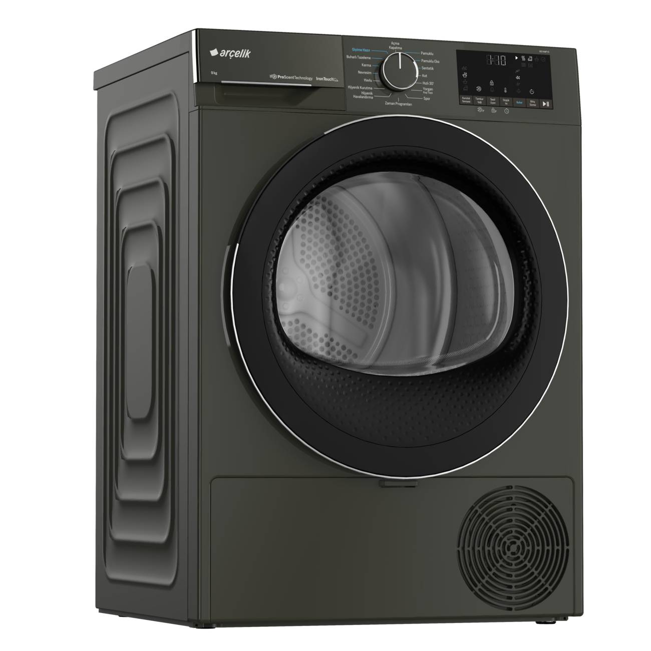 Koyu gri Arçelik kurutma makinesi, önden görünüm. Yuvarlak bir kapısı, kontrol paneli ve alt havalandırması var.