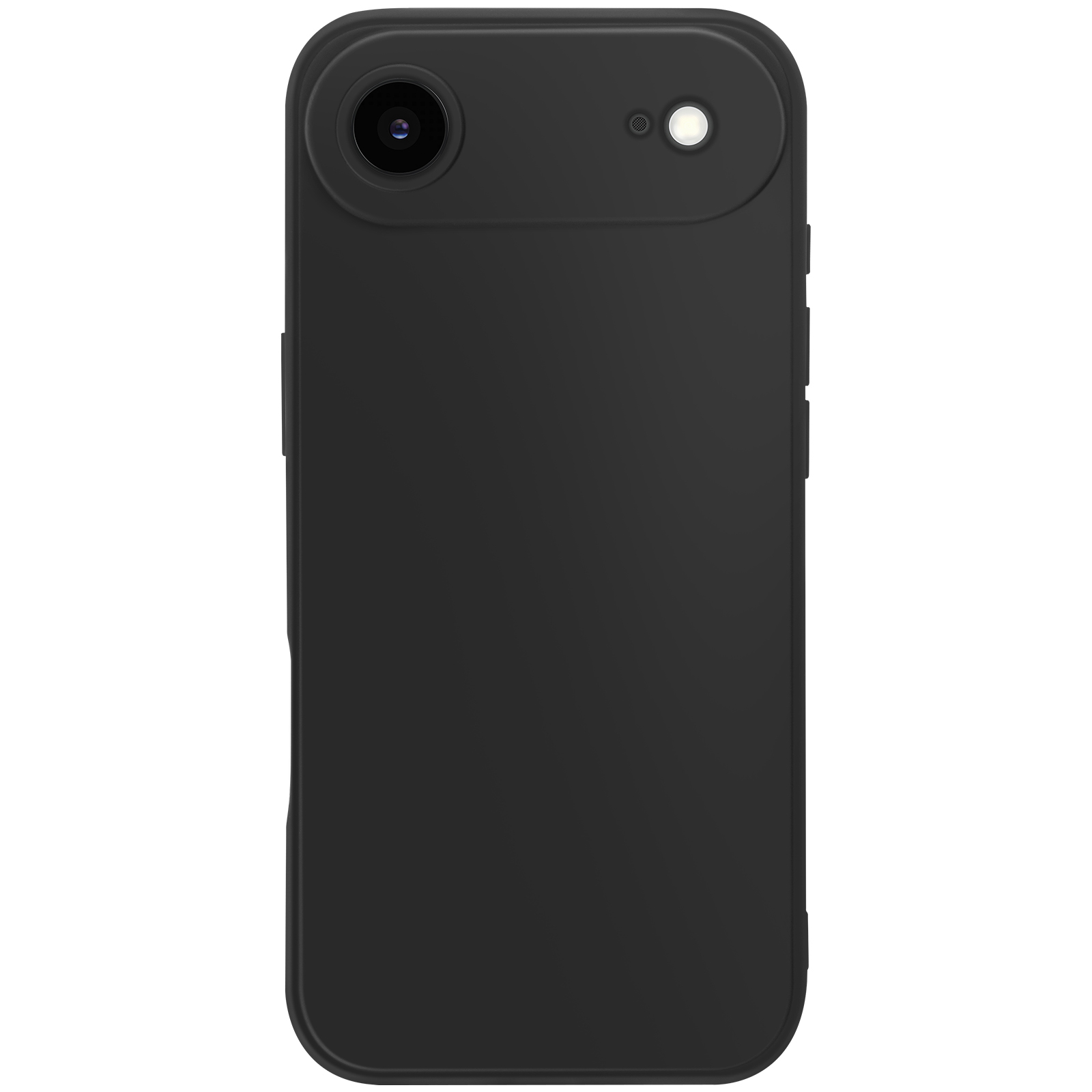 Een zwarte telefoonhoes met een camera en een flitser. De hoes heeft gladde randen en een matte afwerking.