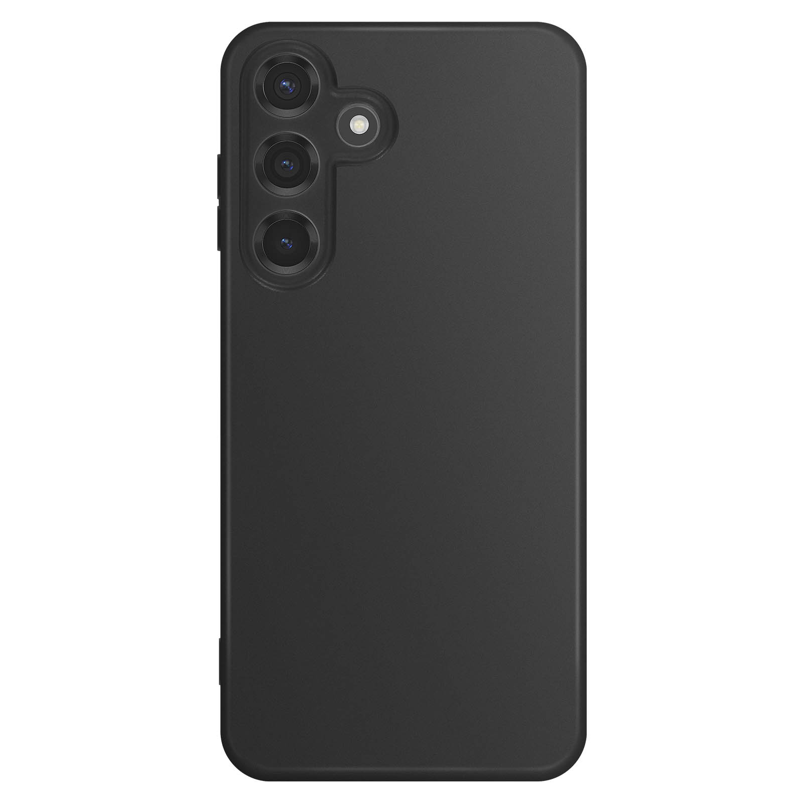 Zwarte smartphonehoes met drie cameralenzen en een flitser. De hoes heeft een gladde, matte afwerking.
