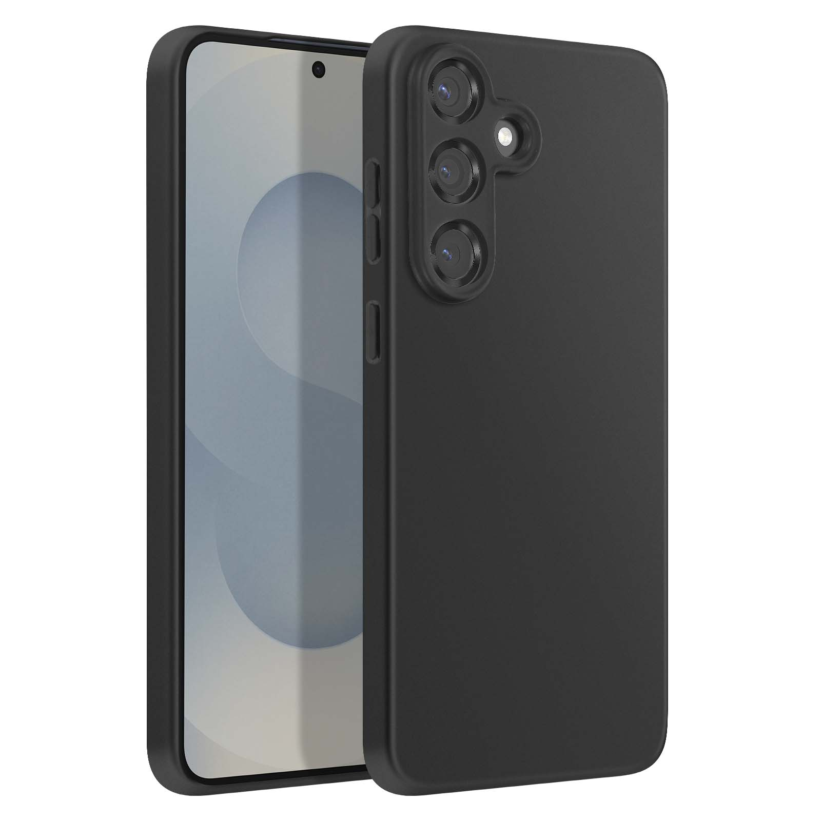 Een zwarte telefoonhoes met een telefoon erin. Het scherm van de telefoon toont een lichtgrijze afbeelding. De achterkant heeft cameralenzen.