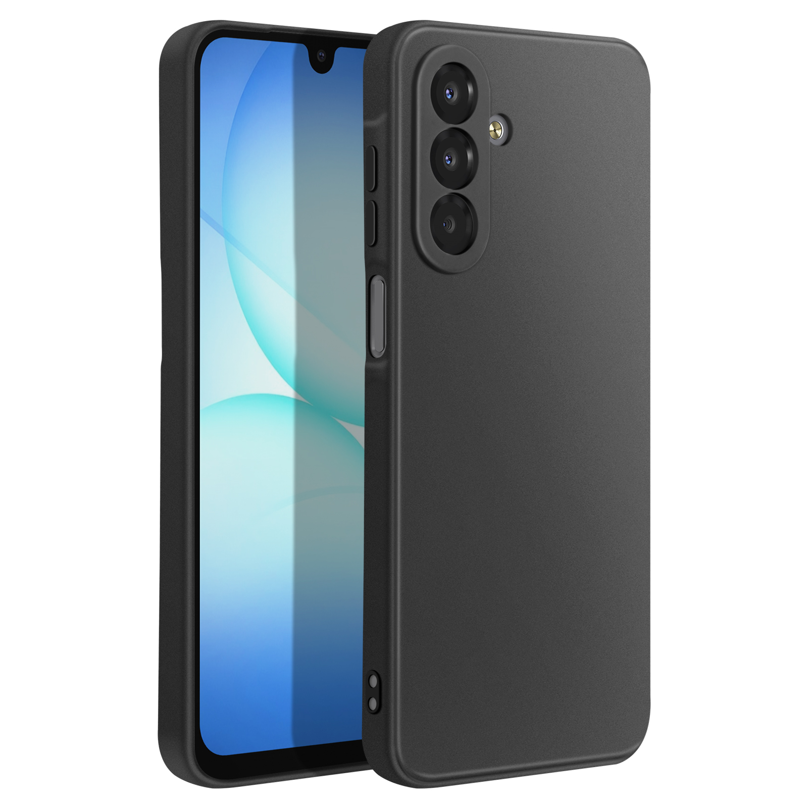 Uno smartphone nero con custodia, che mostra lo schermo. La custodia ha una configurazione a tripla fotocamera.