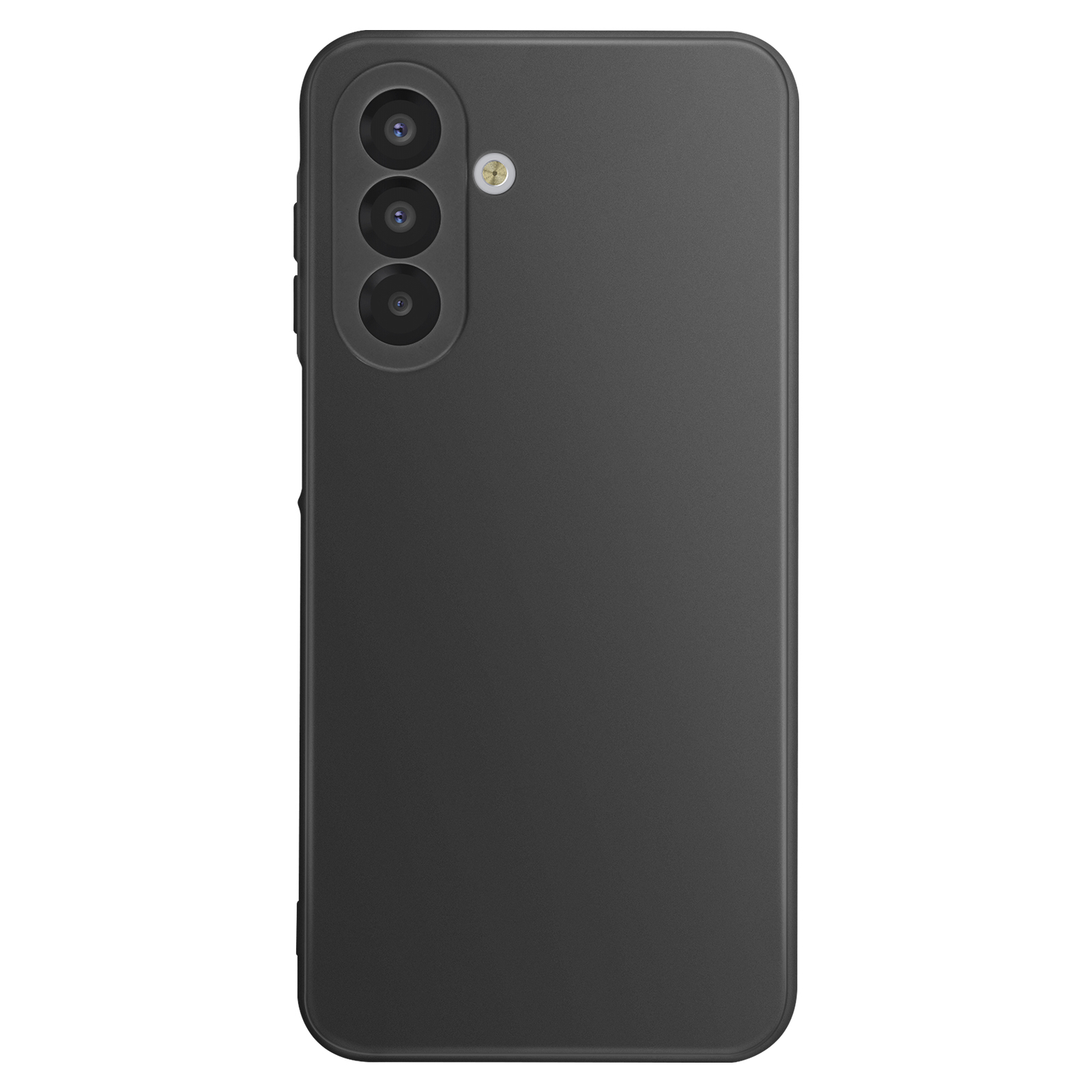 Retro di uno smartphone nero con tre obiettivi e un flash. Il telefono ha una finitura opaca e bordi arrotondati.