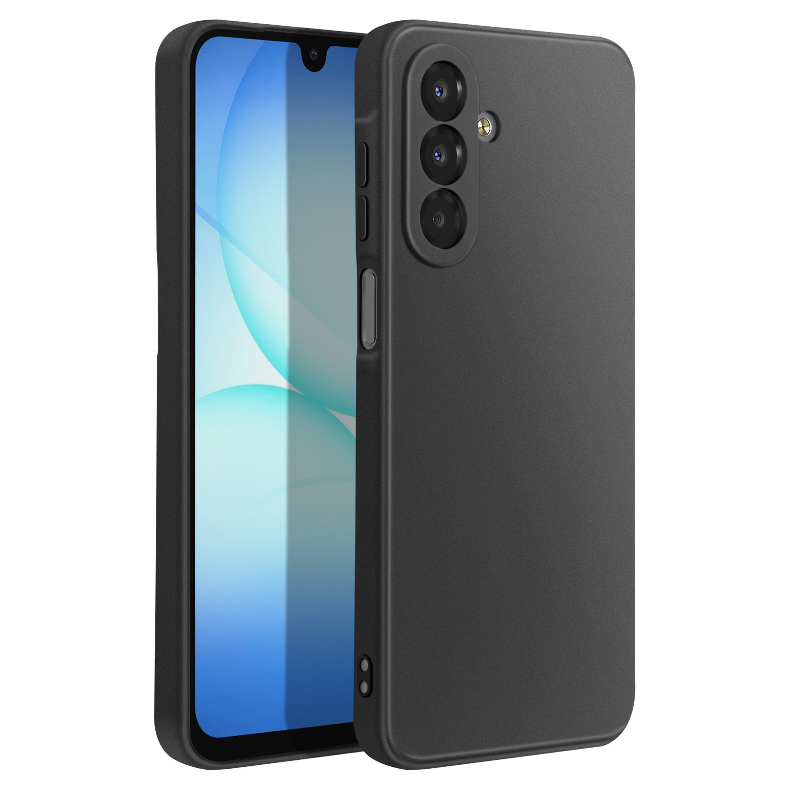 Una custodia nera per telefono con un telefono all'interno. Lo schermo mostra un'immagine blu e bianca.