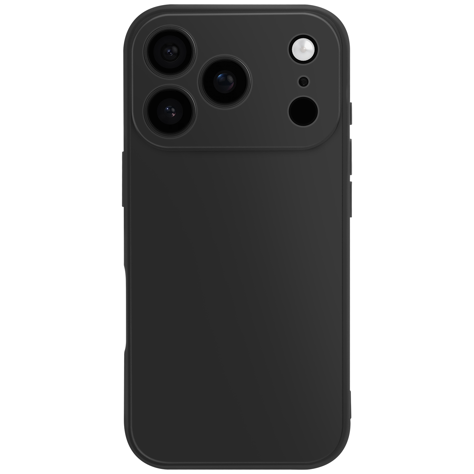 Zwarte smartphonehoes met drie cameralenzen en een flitser. De achtergrond is wit.