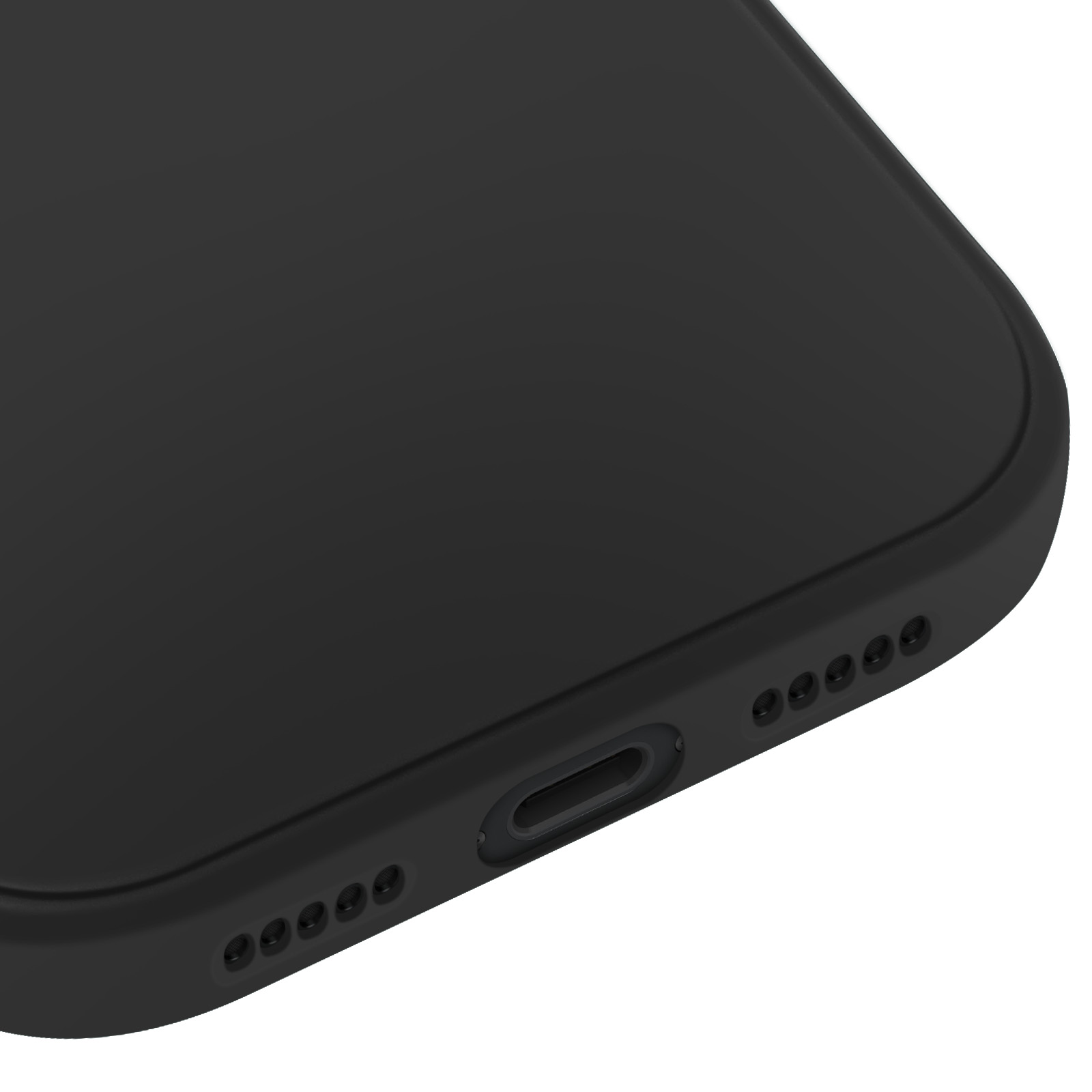 Close-up van een zwarte smartphone. De onderkant heeft een oplaadpoort en luidsprekergaten. Het oppervlak is glad.