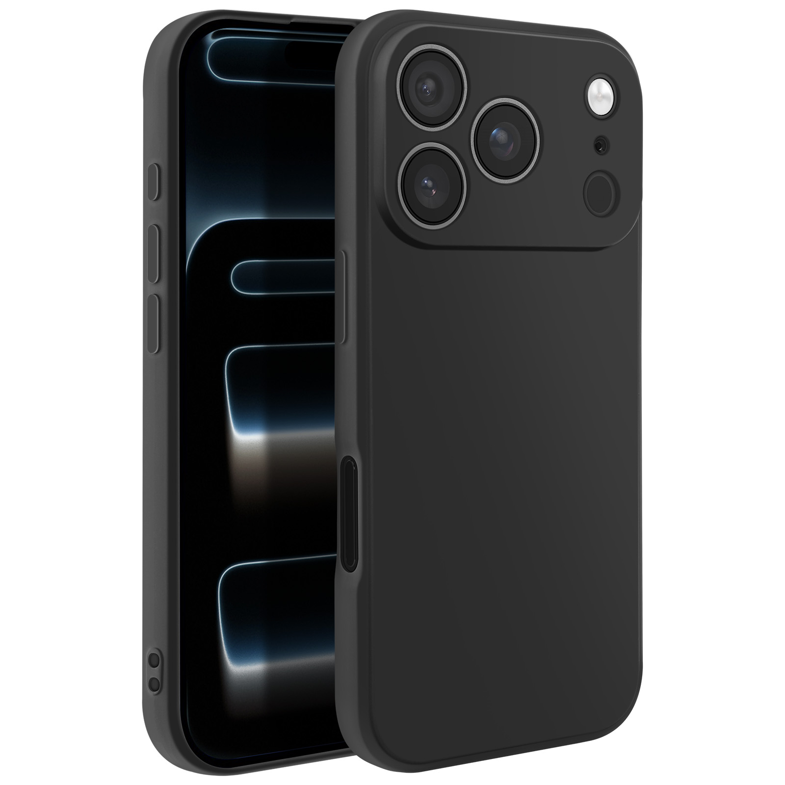 Een zwarte telefoonhoes met de telefoon erin. De hoes heeft drie cameralenzen en een flitser. Het telefoonscherm is zichtbaar.