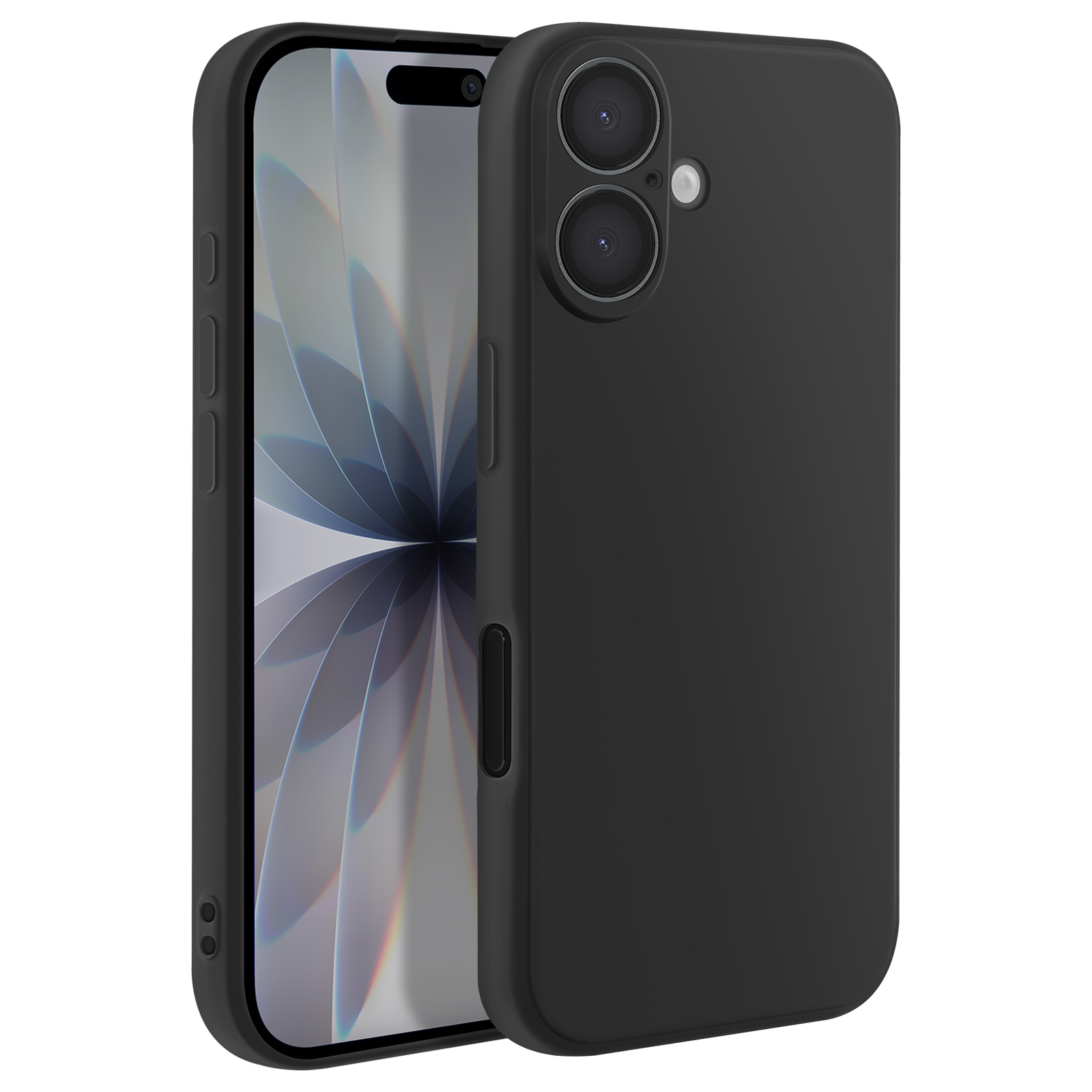Un téléphone noir avec un étui de protection. L'écran affiche un design abstrait. L'étui a des lentilles de caméra.