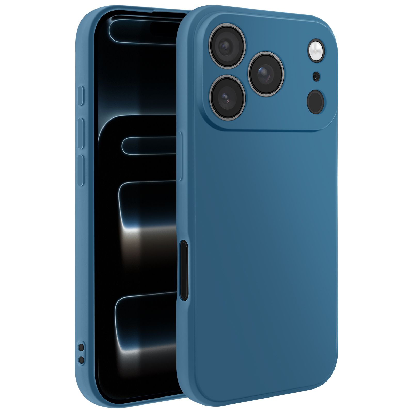 Custodia blu per telefono, con telefono parzialmente inserito. Obiettivi della fotocamera visibili. Sfondo bianco.