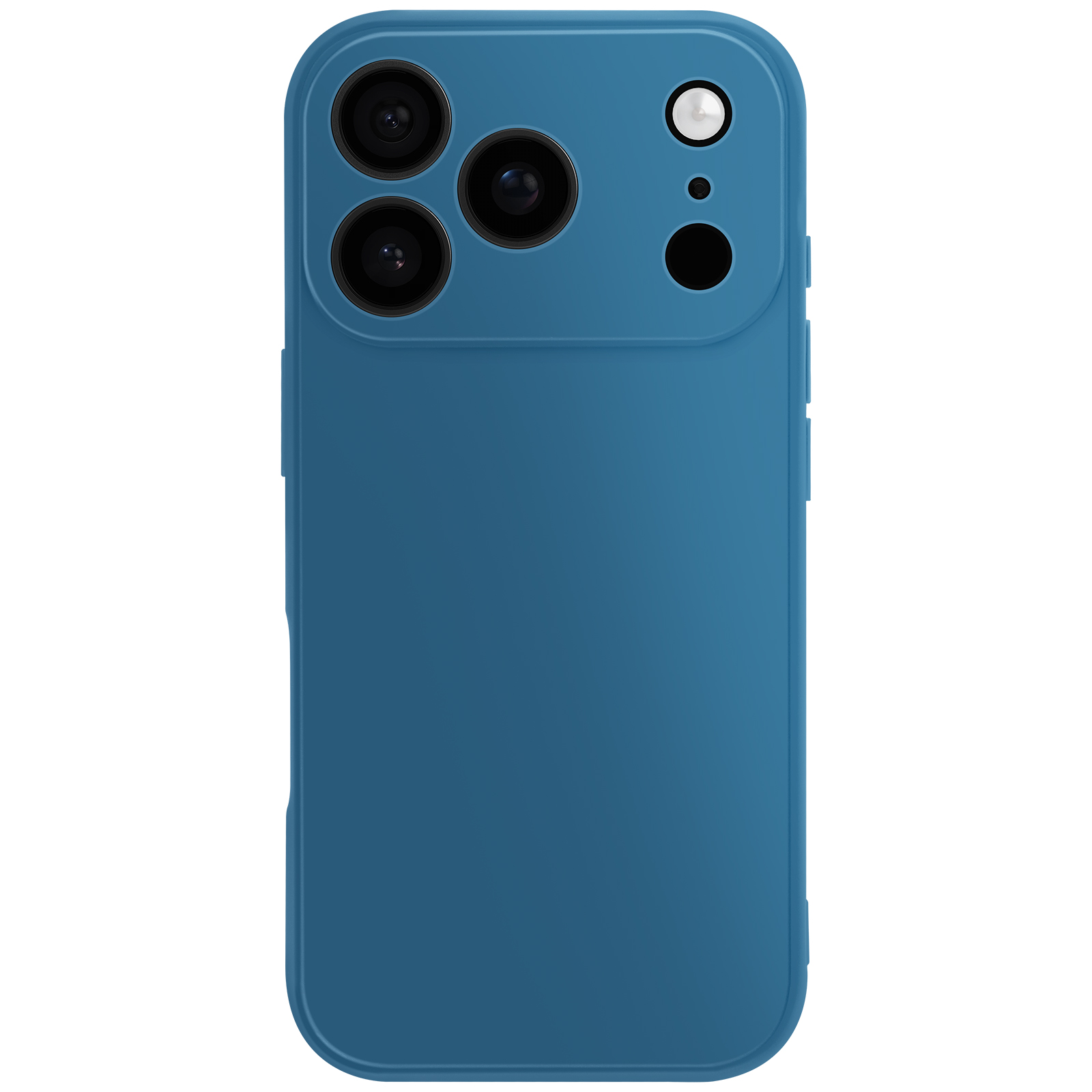 Una custodia blu per telefono con ritagli per la fotocamera. Sono visibili tre obiettivi e un flash. La custodia è liscia.