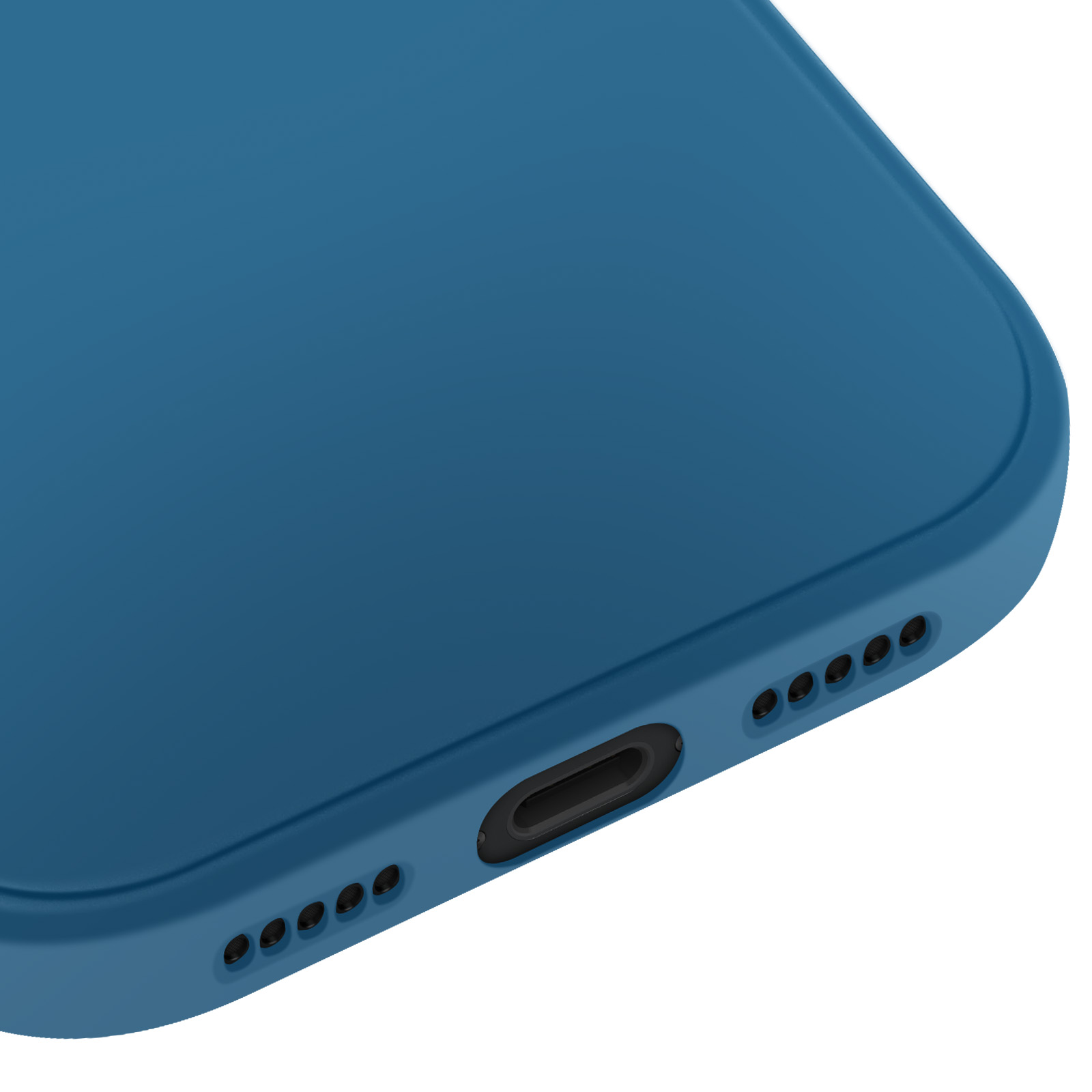 Primo piano di un telefono blu con fori per altoparlanti e porta di ricarica. Sfondo bianco.