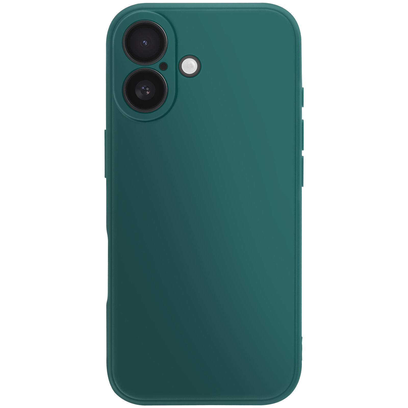 Custodia per telefono verde acqua con doppia fotocamera e flash. Pulsanti sul lato destro. Sfondo bianco.