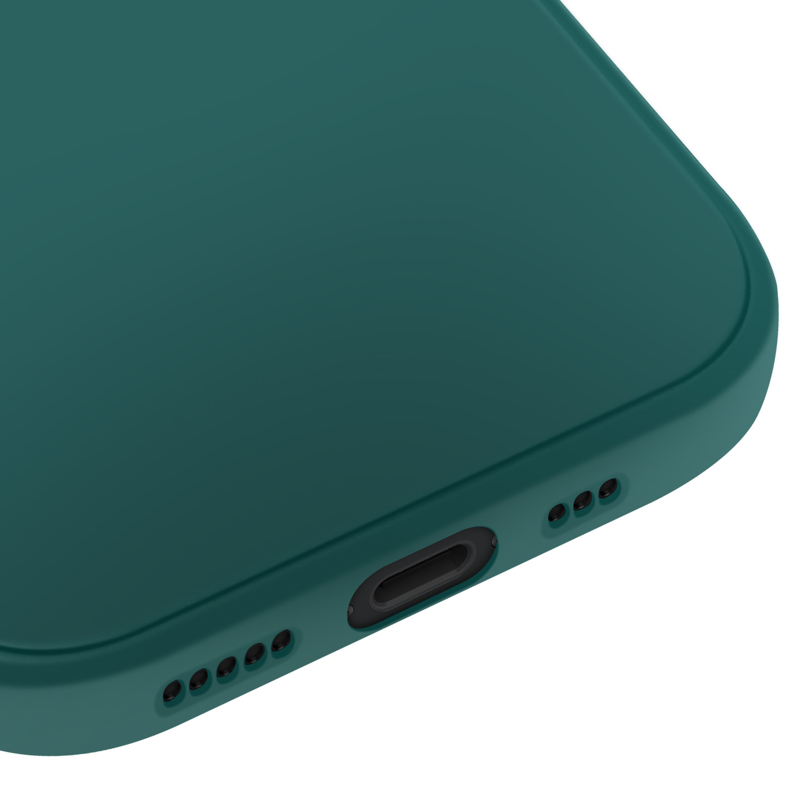Primo piano di una custodia per telefono verde acqua. Il bordo inferiore è visibile con una porta di ricarica e fori per altoparlanti.