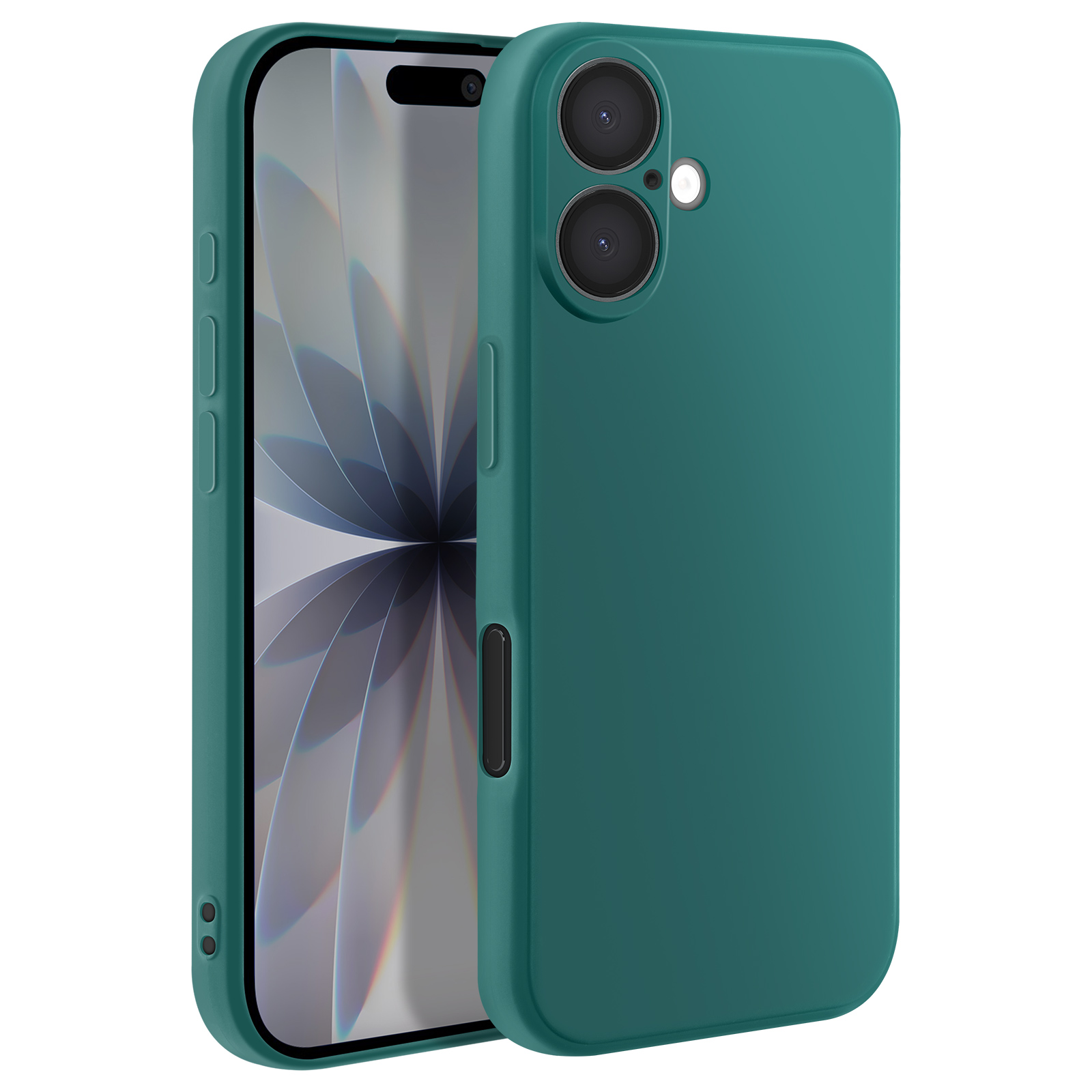 Una custodia per telefono verde acqua aperta con un telefono all'interno. Lo schermo del telefono è visibile, la custodia ha fori per la fotocamera.