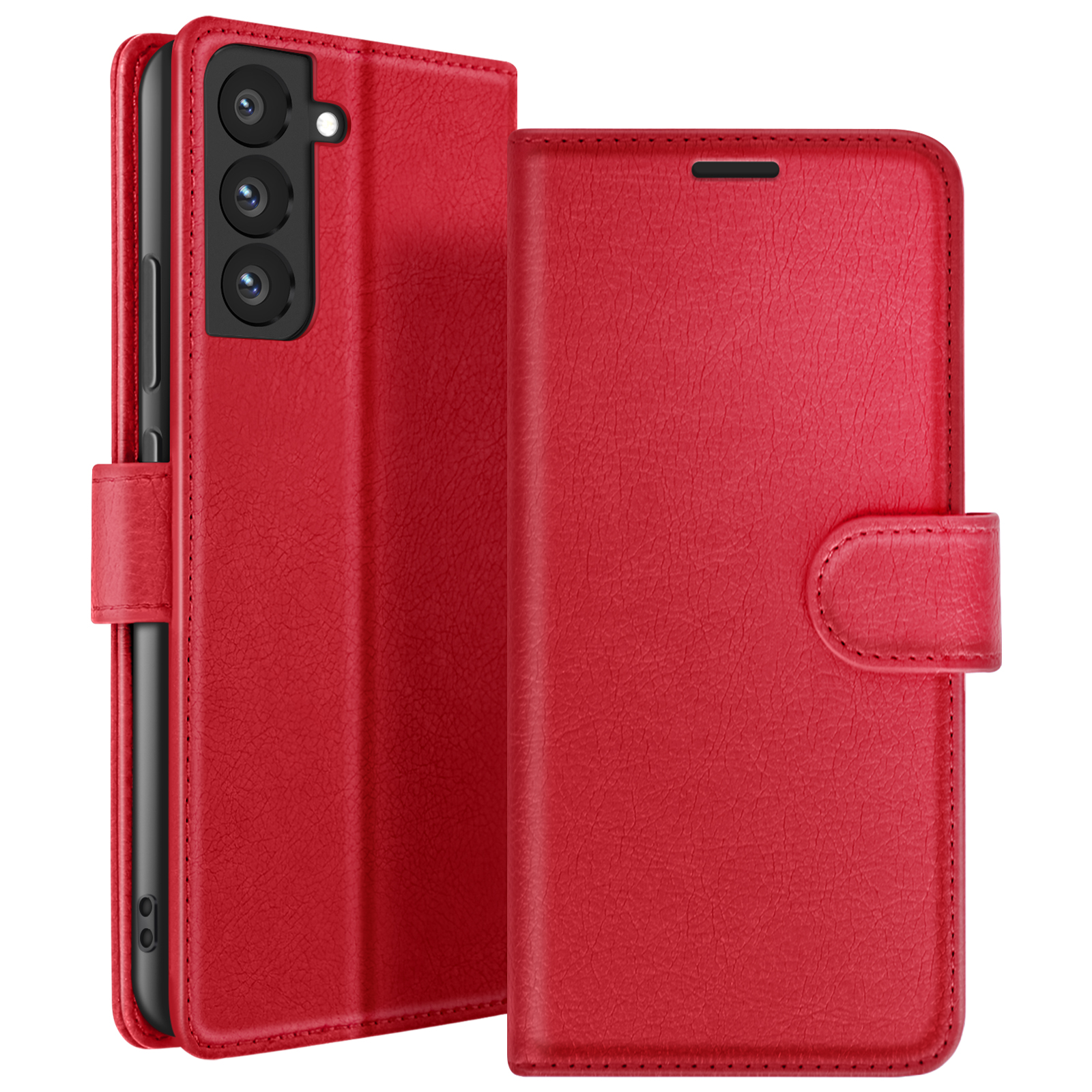 Étui de téléphone rouge avec rabat. Le téléphone est dans la partie gauche. L'étui a une fermeture magnétique. Le fond est blanc.