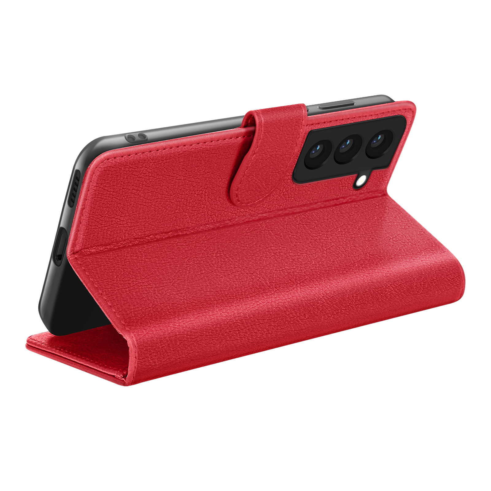 Un étui de téléphone en cuir rouge avec un téléphone à l'intérieur, ouvert en biais. L'étui a une surface texturée. Le téléphone a trois caméras.
