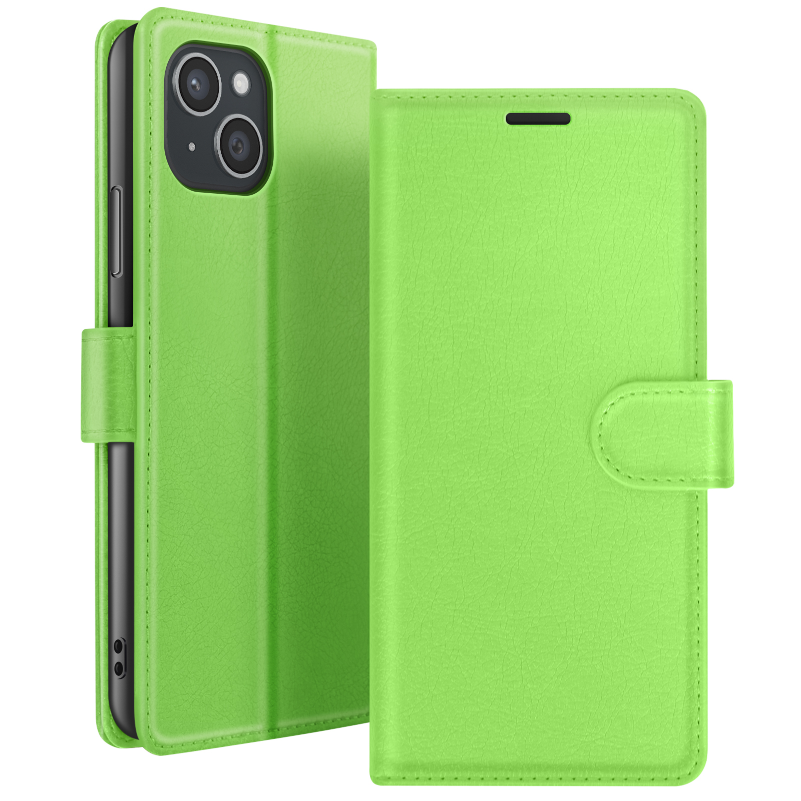 Een limoengroene telefoonhoes, open en de telefoon binnenin tonend. De hoes heeft een magnetische sluiting.