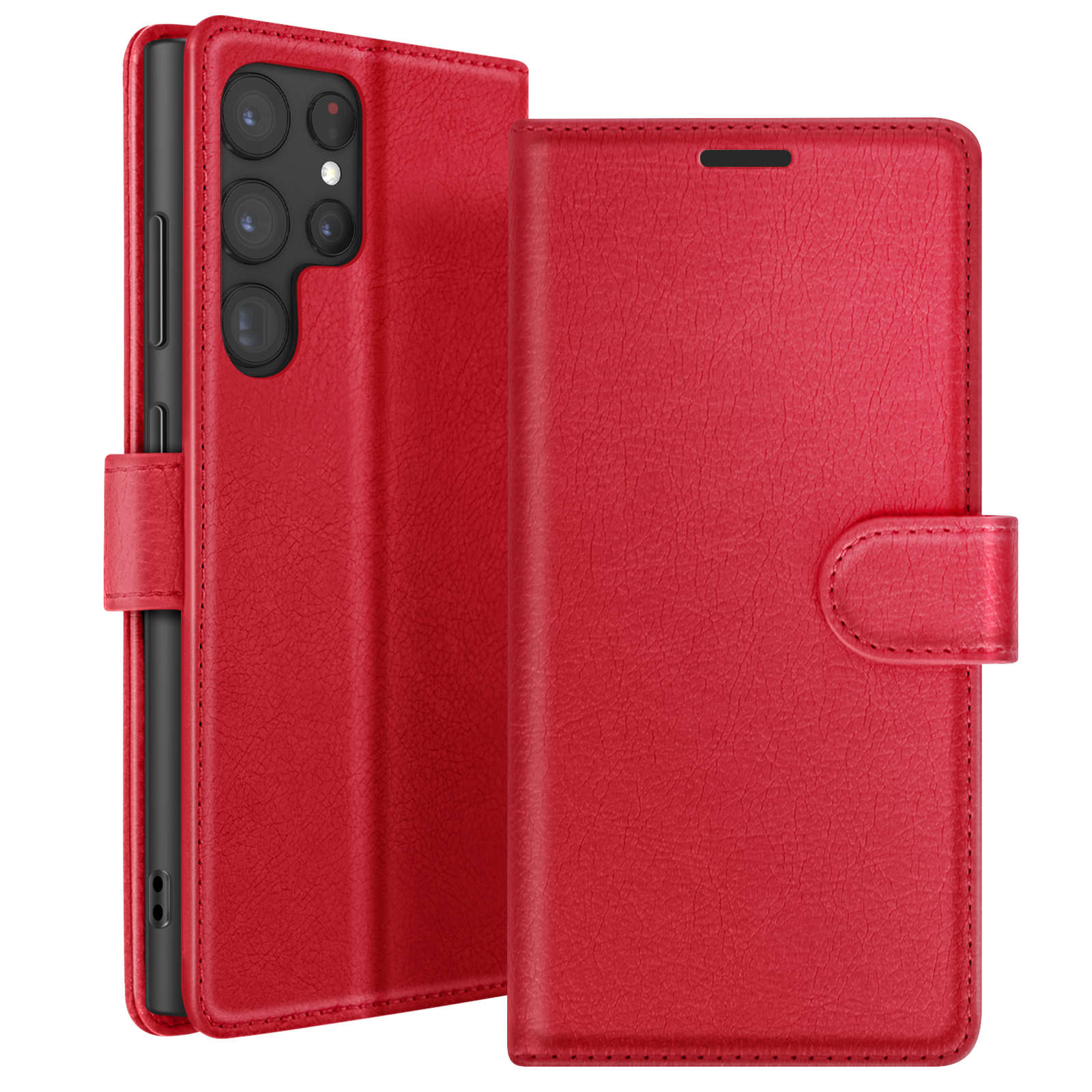 Étui de téléphone en cuir rouge, ouvert pour montrer le téléphone. Comprend des découpes pour la caméra et une fermeture magnétique.