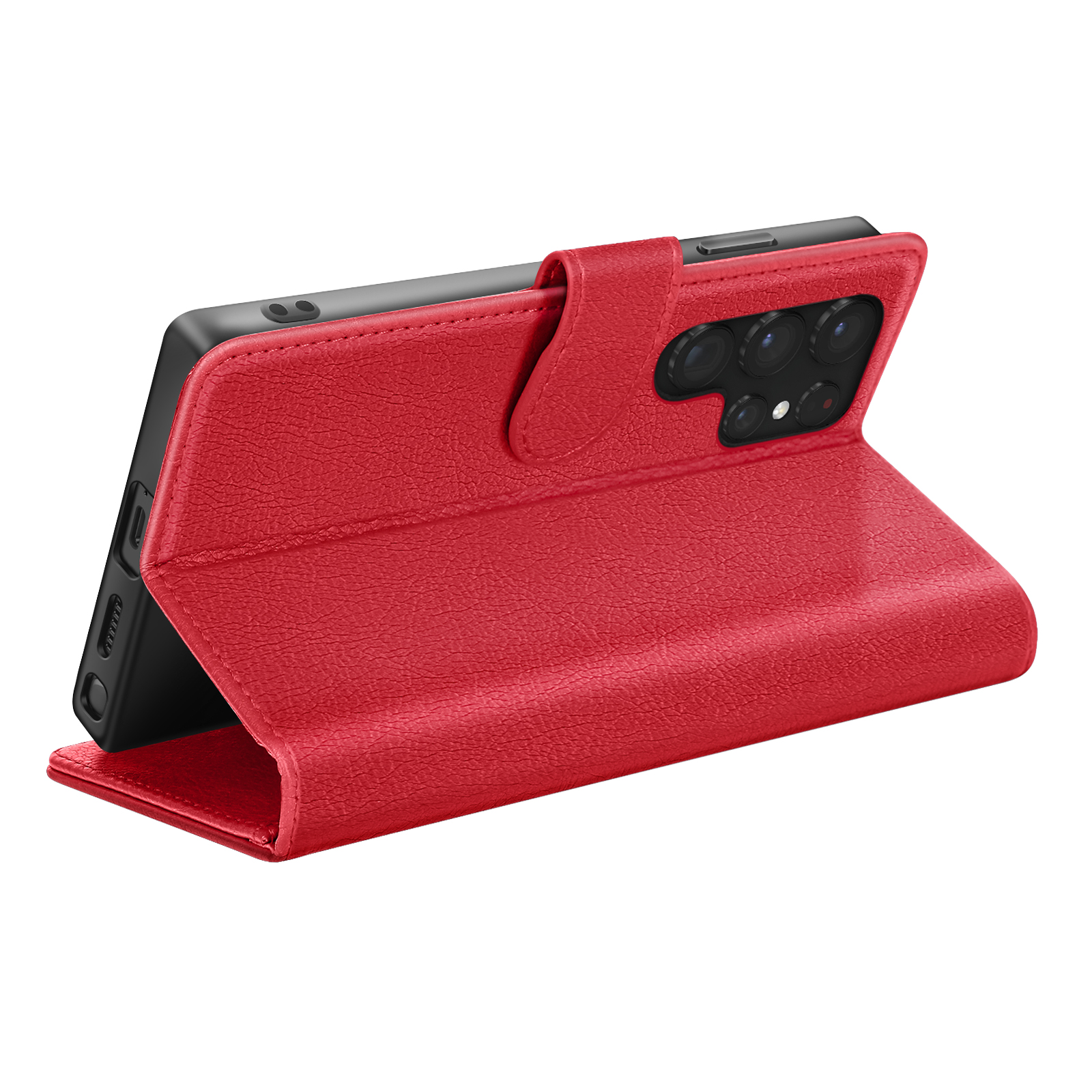 Un étui de téléphone rouge avec un téléphone à l'intérieur. L'étui est ouvert. Le téléphone a plusieurs caméras.