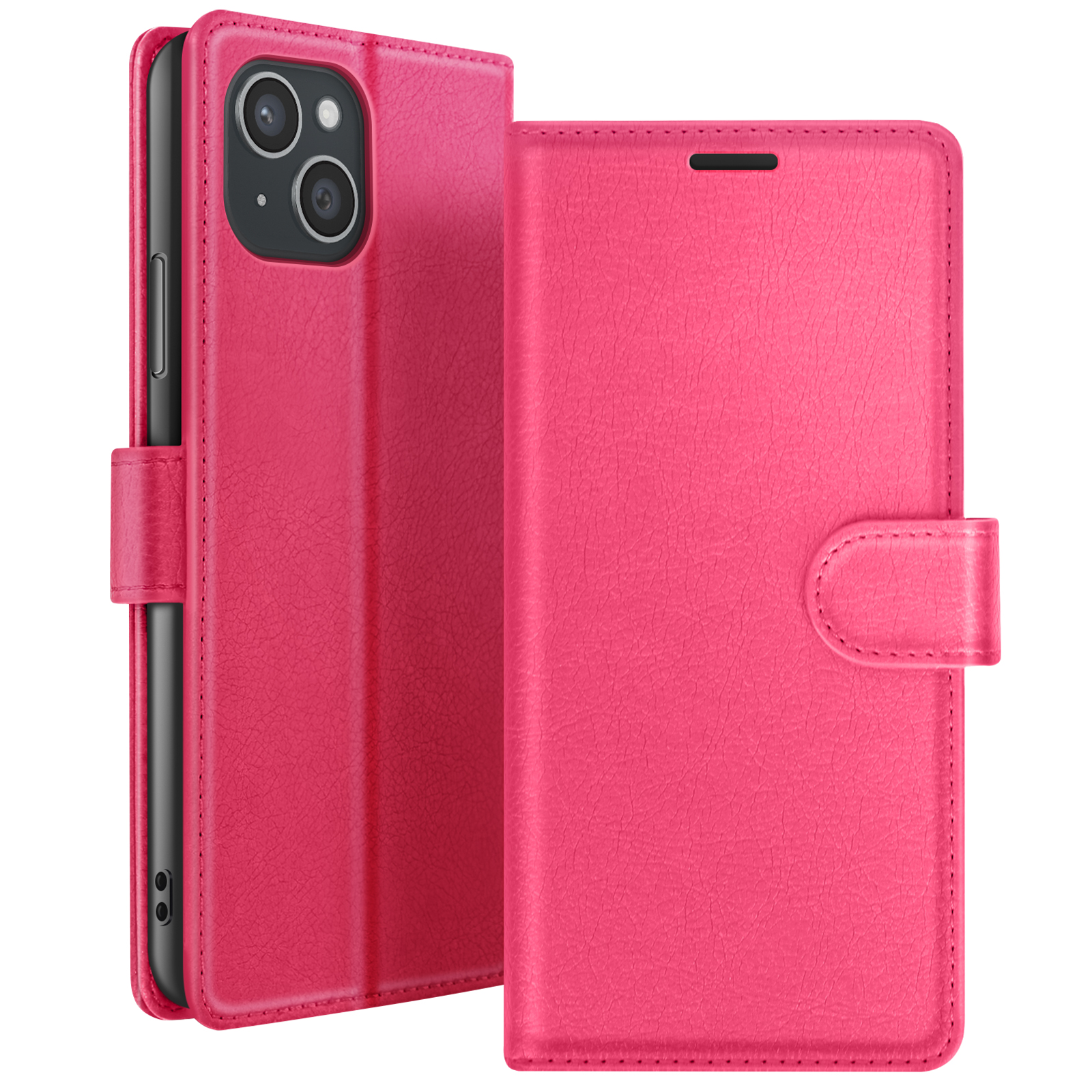 Een roze telefoonhoesje, met de telefoon erin, is open. De hoes heeft een textuuroppervlak en een magnetische sluiting.