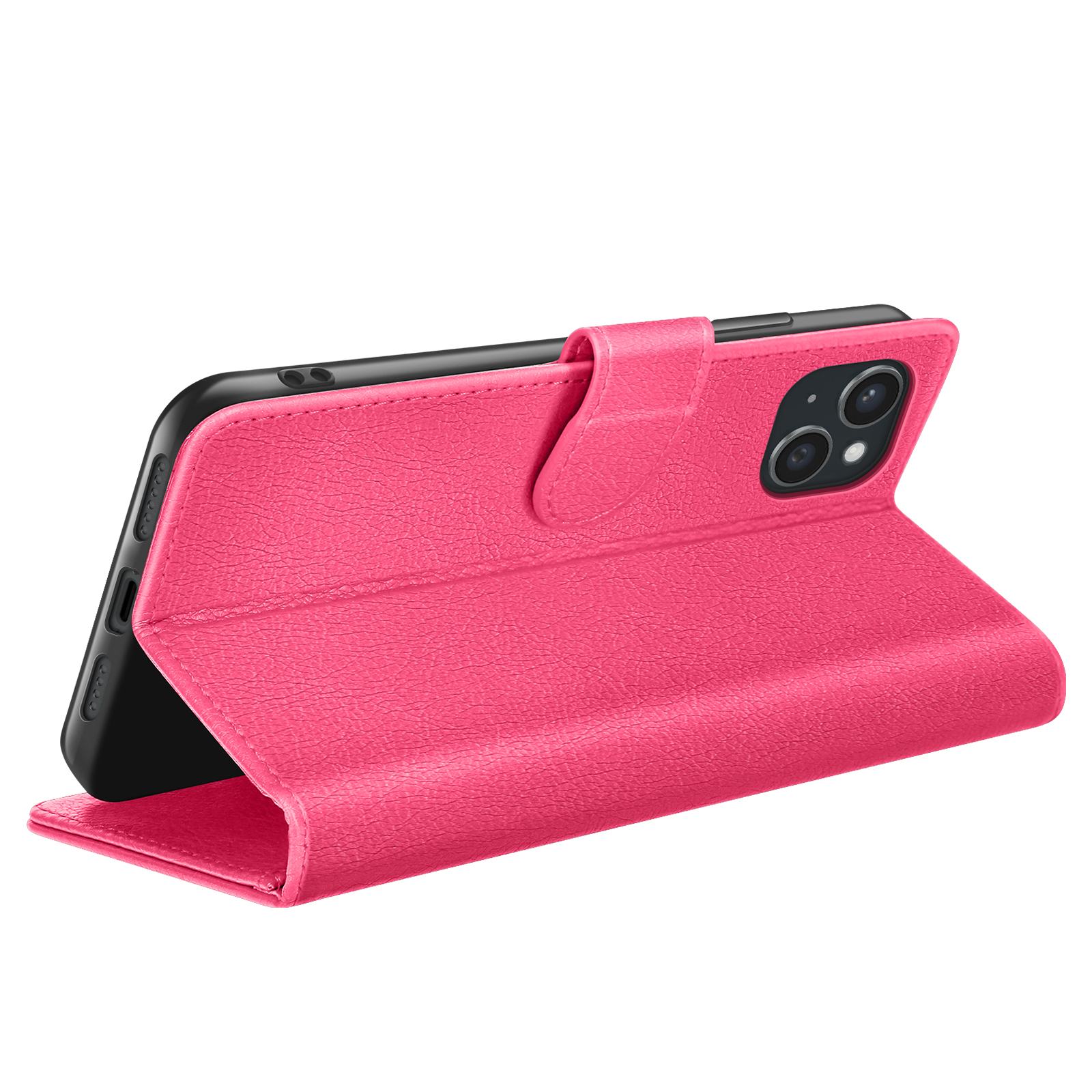 Een roze telefoonhoesje is open en toont een zwarte telefoon. De hoes heeft een getextureerd oppervlak.