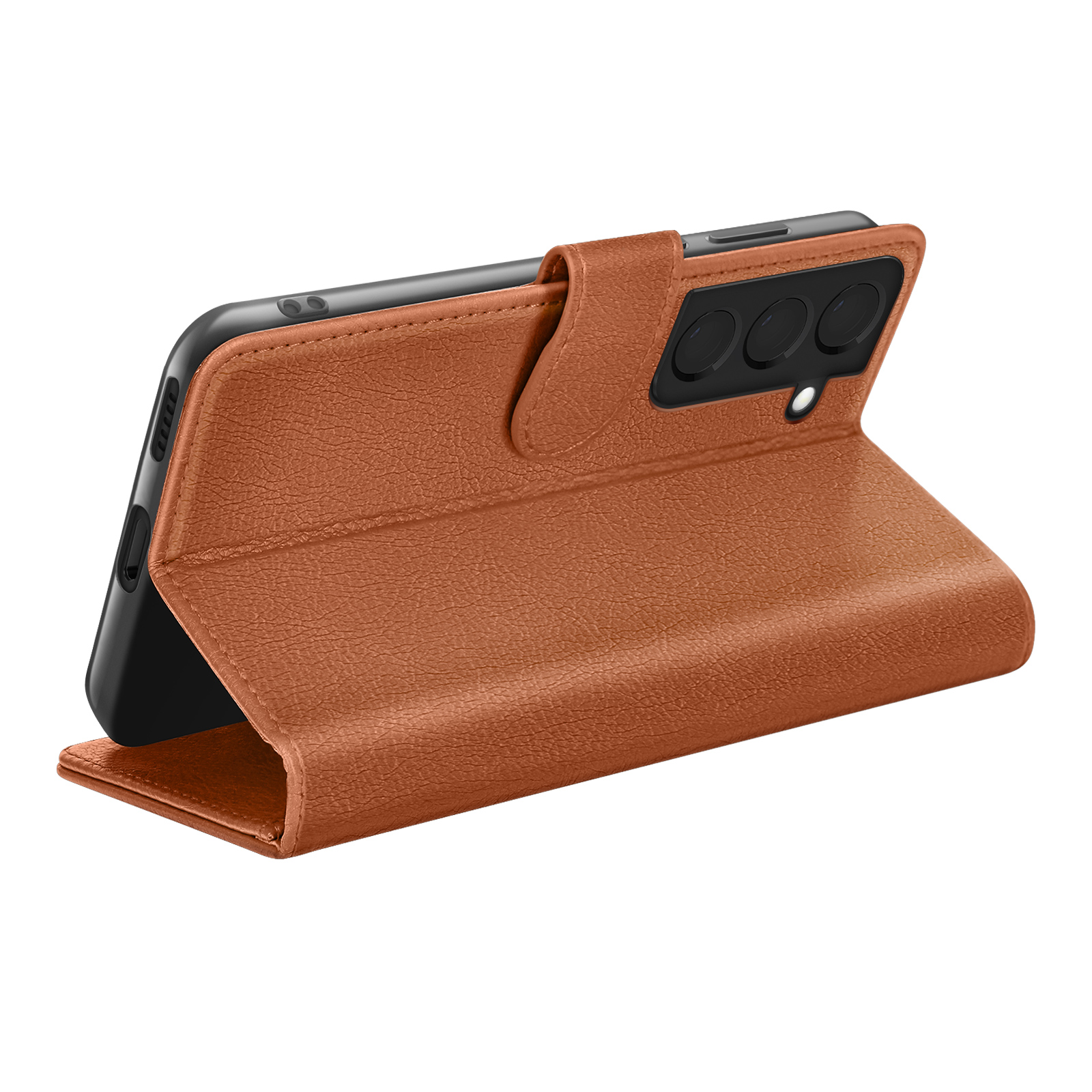 Un étui de téléphone en cuir marron est ouvert, révélant un smartphone noir. L'étui a une surface texturée et une fermeture magnétique.