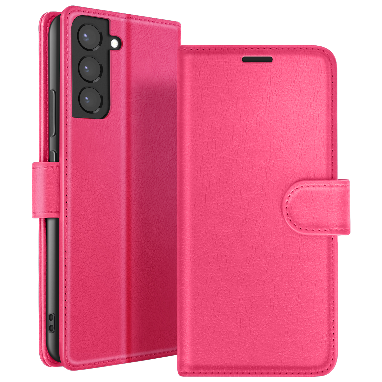 Étui de téléphone en cuir rose, ouvert pour montrer le téléphone. L'étui a une fermeture magnétique et une finition texturée.