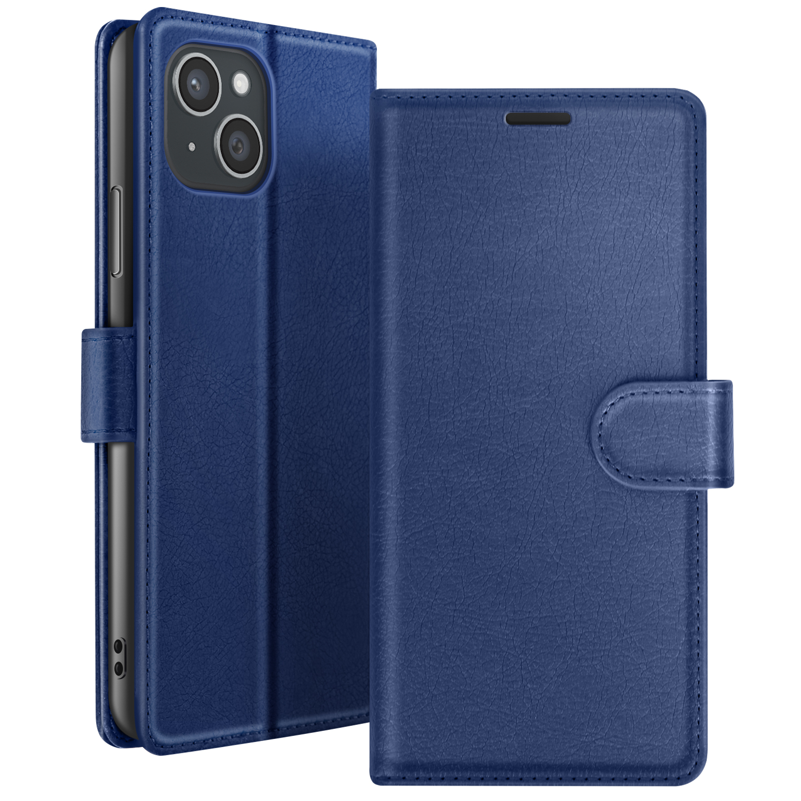 Een blauwe leren telefoonhoes, open om de telefoon te onthullen, met magnetische sluiting.