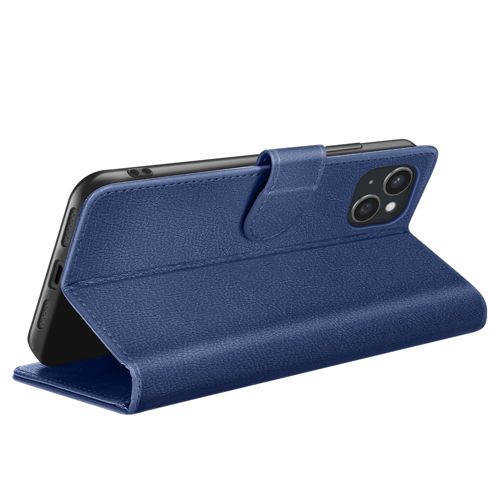 Een blauwe leren telefoonhoes in portemonnee-stijl. De telefoon is zwart en de hoes is open. De achtergrond is wit.