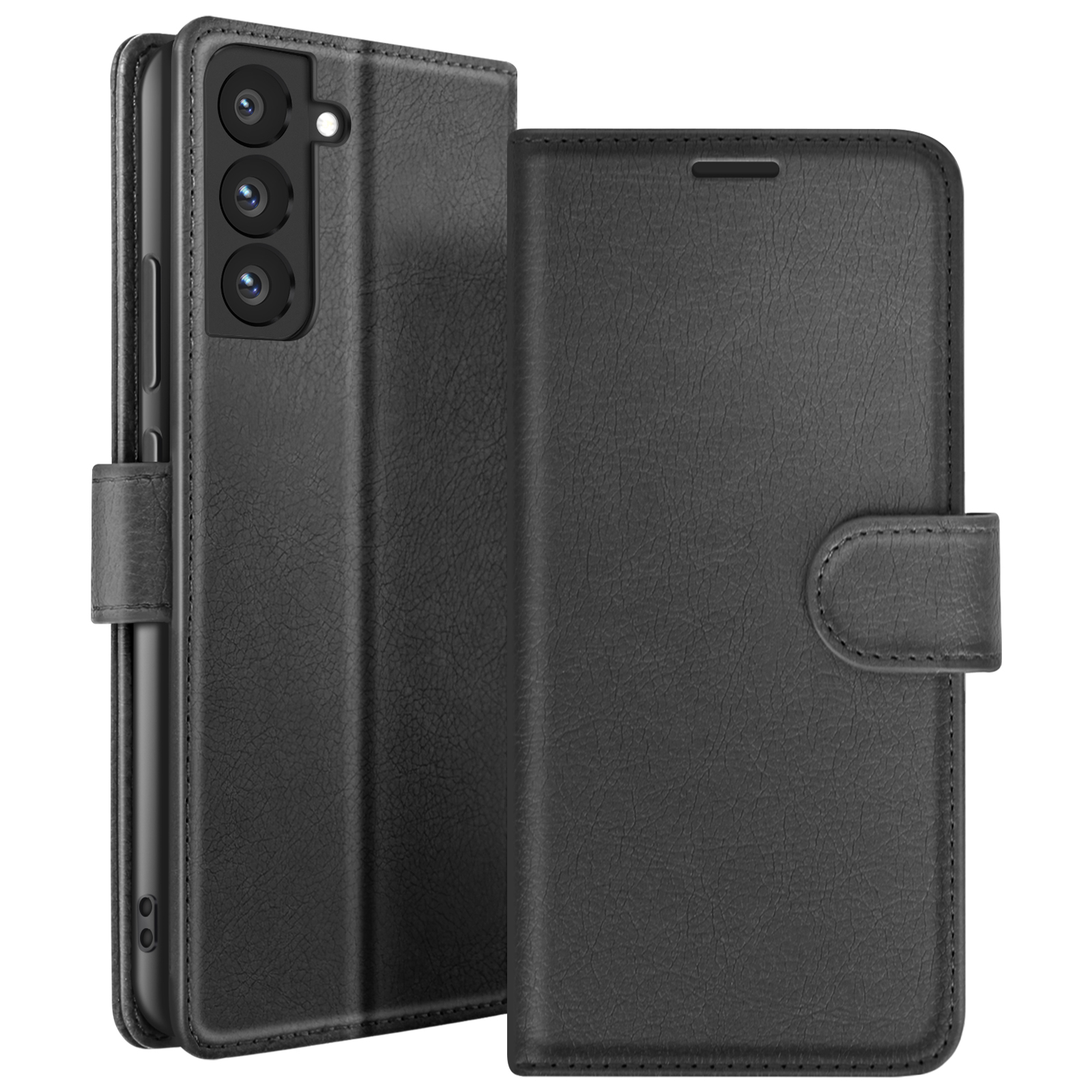 Étui de téléphone en cuir noir, ouvert et fermé. Comprend des découpes pour l'appareil photo, une fermeture magnétique et un fini texturé.