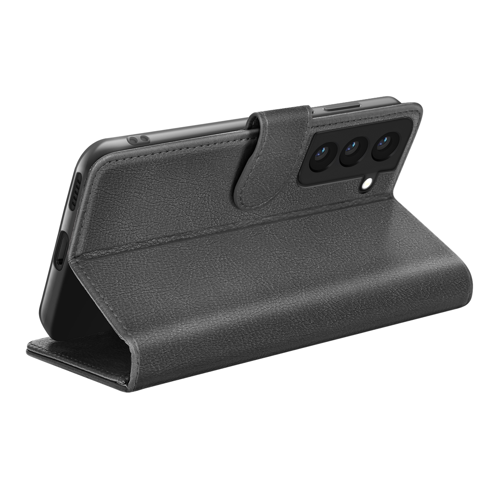 Un étui de téléphone gris avec un rabat est ouvert, révélant un téléphone noir avec trois lentilles de caméra.