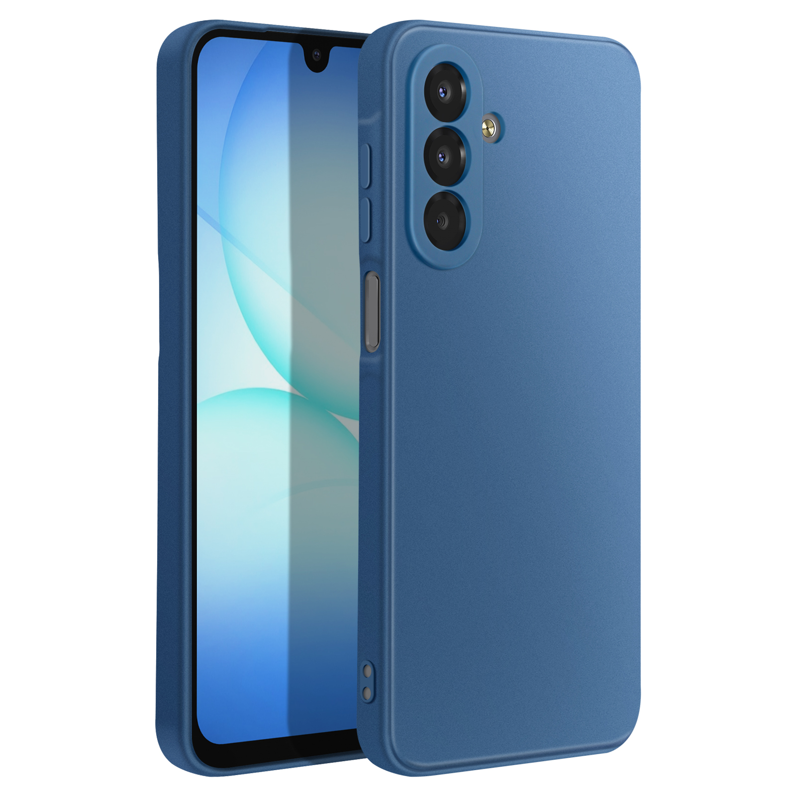 Due custodie blu per telefono. Una aperta, che mostra uno schermo con design azzurro e bianco. L'altra è chiusa.