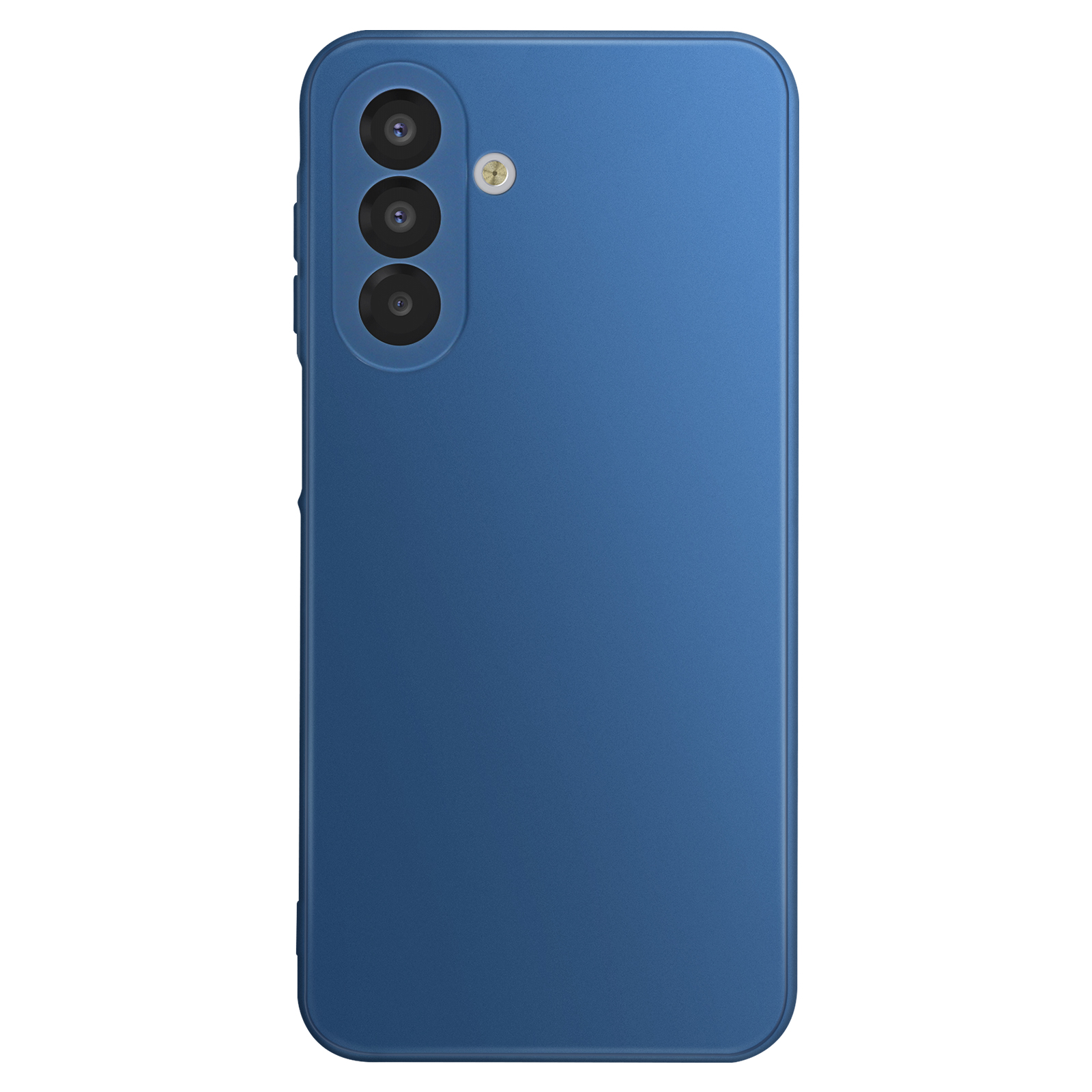 Retro di smartphone blu. Tre lenti della fotocamera impilate verticalmente. Un flash vicino all'obiettivo superiore.