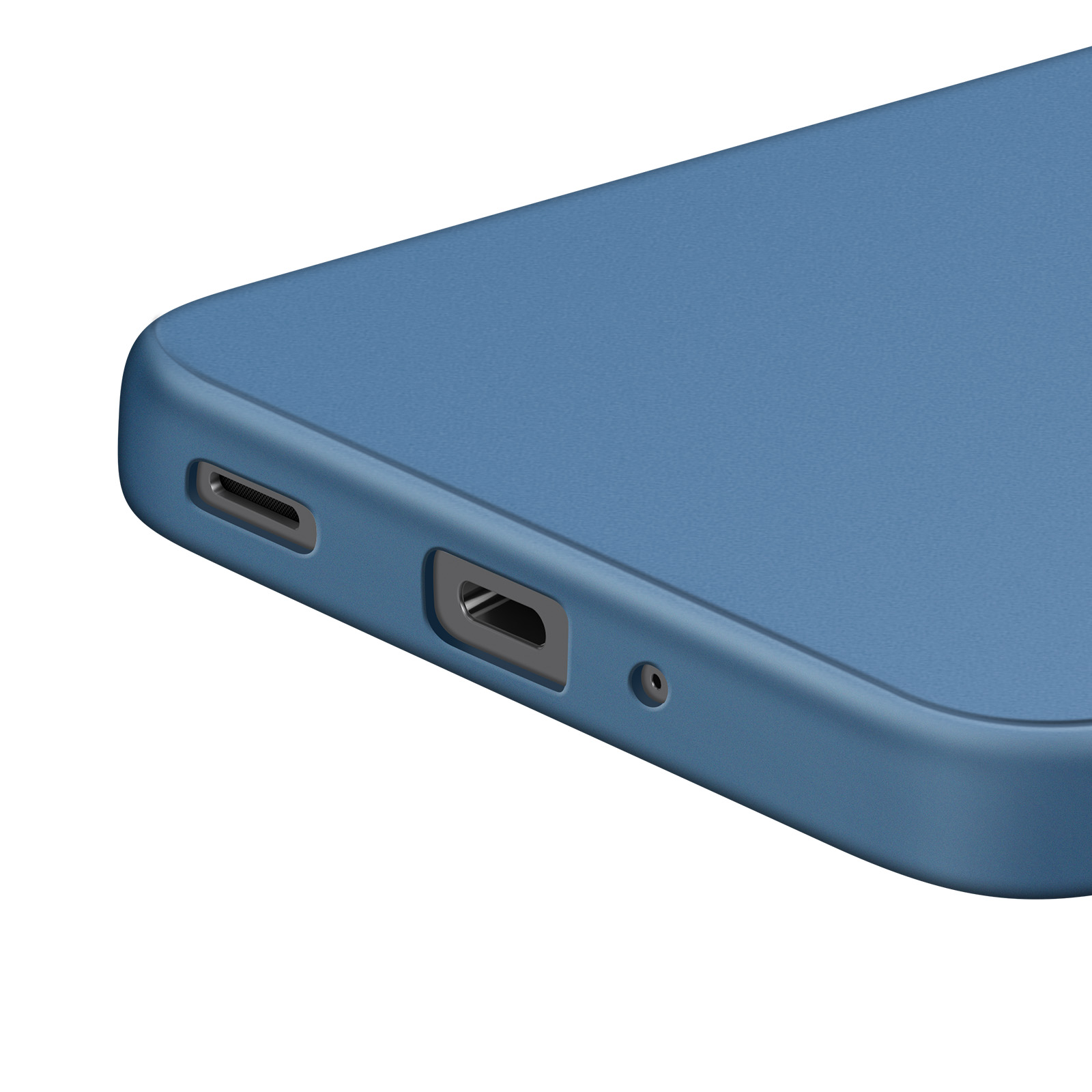Primo piano di un telefono blu. Visibili una porta, un altoparlante e il bordo del telefono su sfondo bianco.