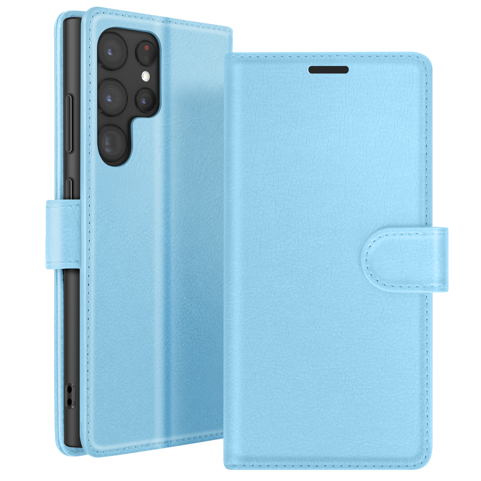 Un étui de téléphone bleu clair, ouvert. L'étui est en simili cuir, avec une fermeture magnétique.