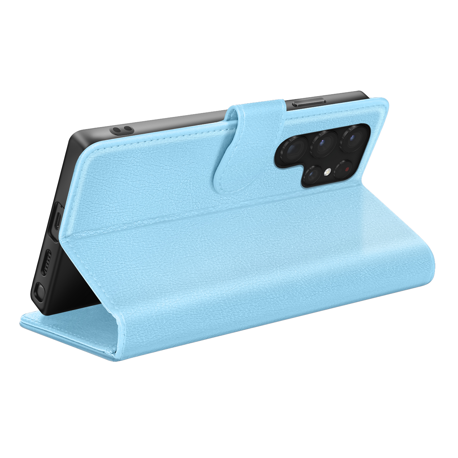 Un étui de téléphone bleu clair de style folio, ouvert, affichant un téléphone noir avec plusieurs objectifs. Fond blanc.