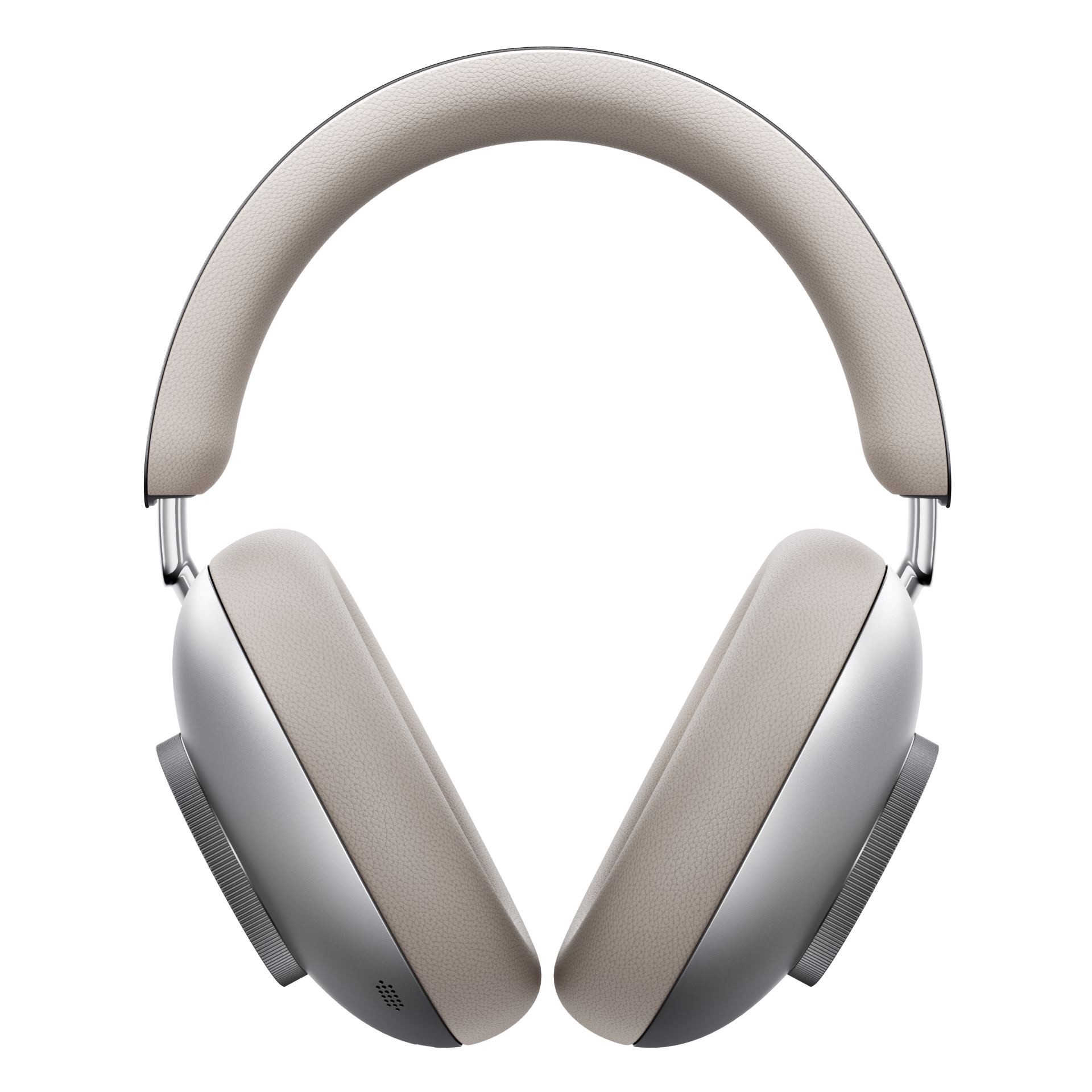 Over-Ear-Kopfhörer mit beigefarbenen Leder-Ohrpolstern und -Kopfbügel, metallgrauem Rahmen, vor weißem Hintergrund.