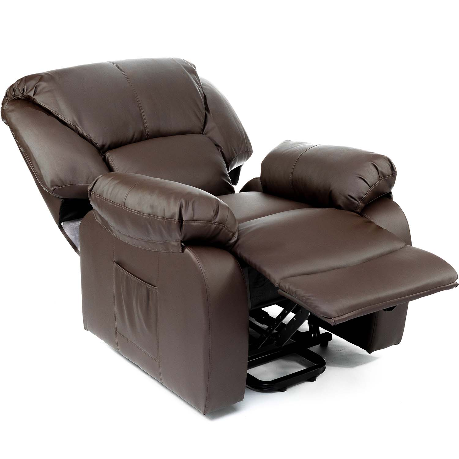 Se muestra una silla reclinable de cuero marrón, parcialmente reclinada. La silla tiene reposacabezas, reposabrazos y reposapiés. Está sobre un fondo blanco.