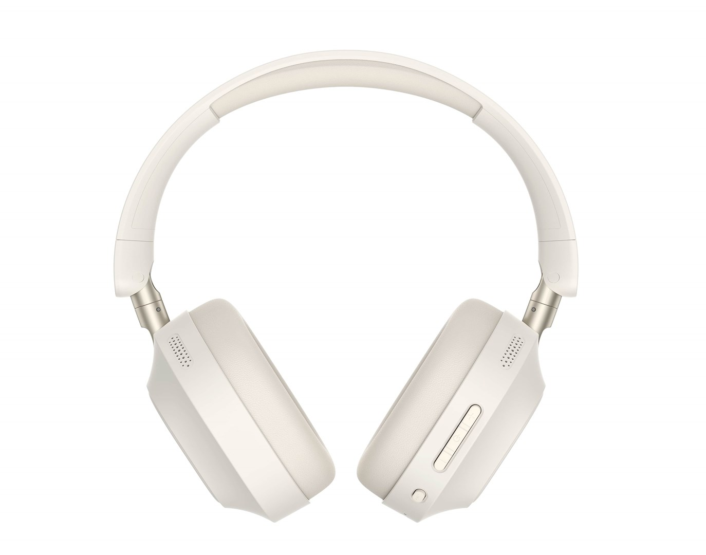 Kremowe słuchawki na białym tle. Słuchawki nauszne mają zakrzywiony pałąk i nauszniki. Na nausznikach znajdują się przyciski.
