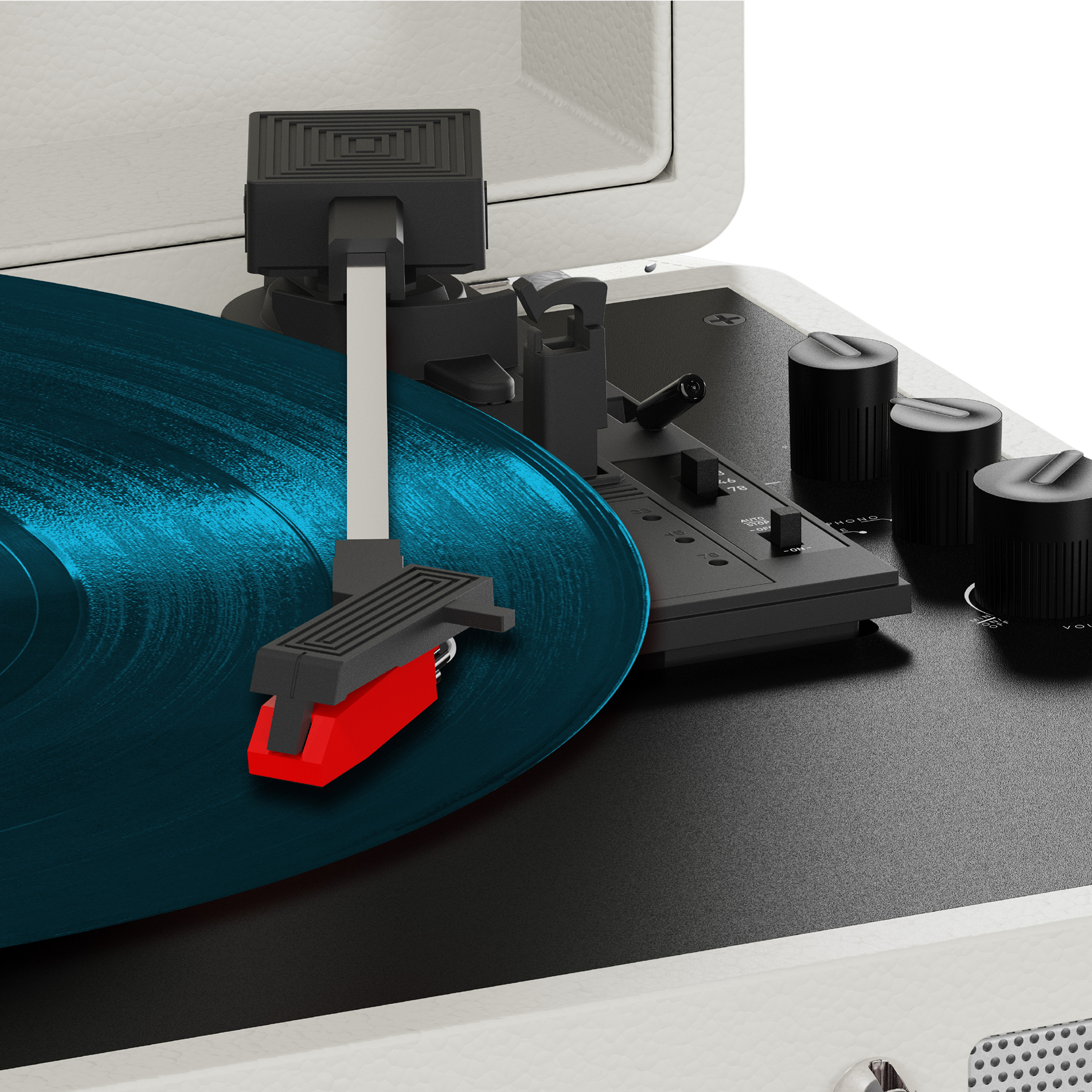 Primo piano di un giradischi con un disco in vinile blu. L'ago è rosso e il lettore ha comandi neri.