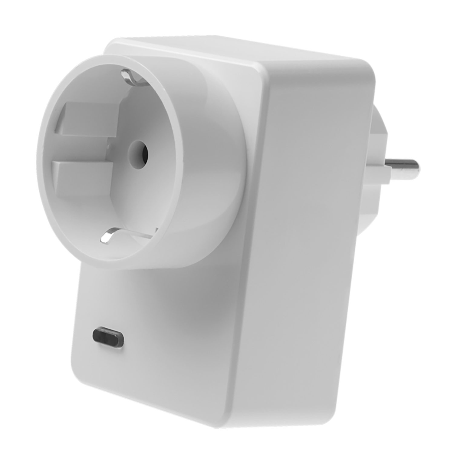 Ein weißer Netzadapter mit europäischem Stecker. Er hat eine Steckdose und einen kleinen schwarzen Knopf. Isoliert auf weißem Hintergrund.
