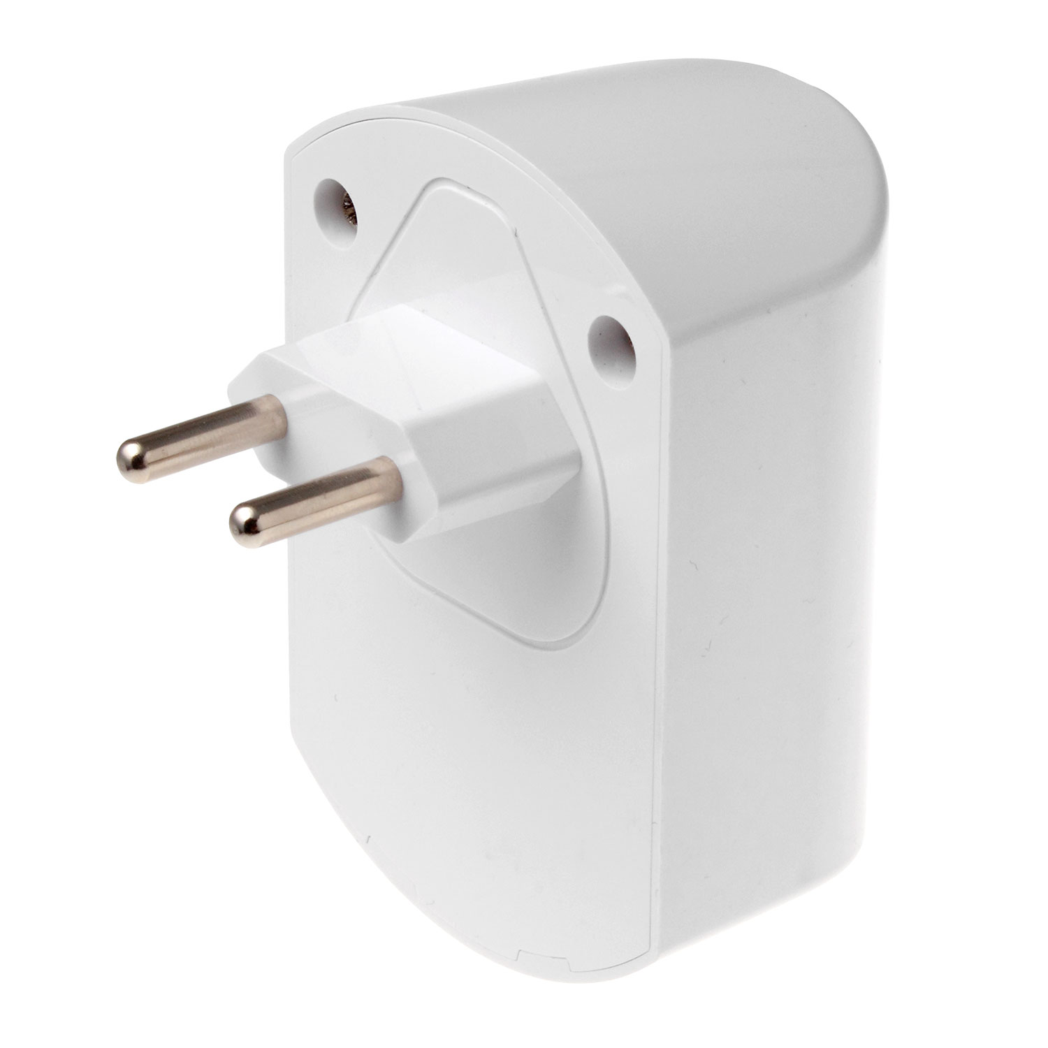 Ein weißer elektrischer Steckeradapter mit zwei metallischen Stiften. Der Adapter hat einen rechteckigen Körper mit abgerundeten Kanten. Zwei Löcher sind sichtbar.