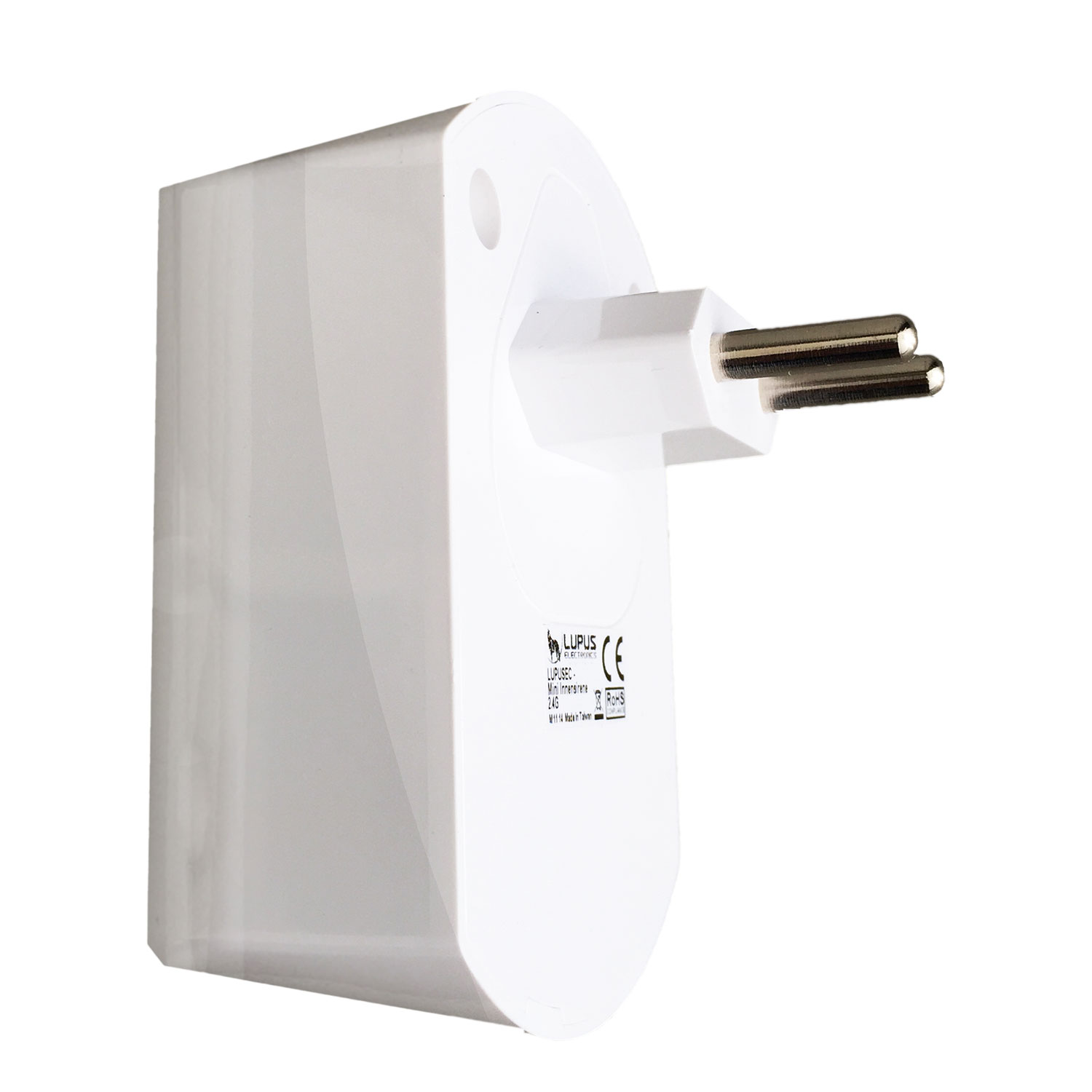 Ein weißer elektrischer Steckeradapter mit zwei metallischen Stiften. Der Adapter hat eine gebogene Form mit der Marke LUPUS.