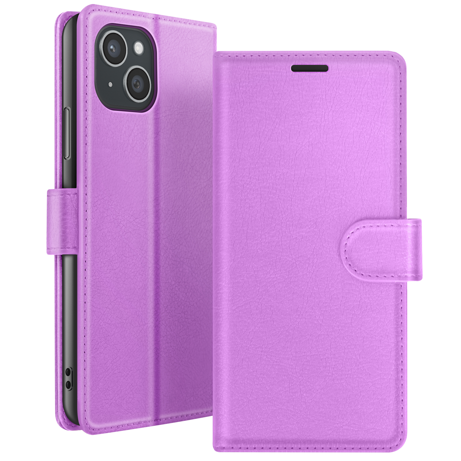 Een lavendelkleurige telefoonhoes in open positie, met een telefoon. De hoes heeft een magnetische sluiting.
