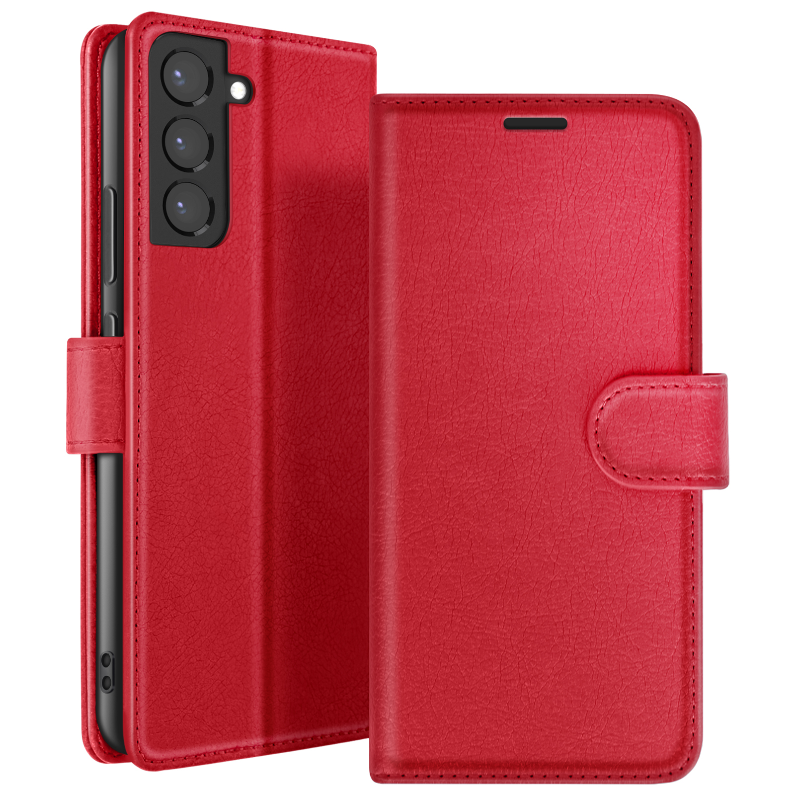 Étui de téléphone en cuir rouge, ouvert pour révéler le téléphone. L'étui a une fermeture magnétique et une découpe pour trois caméras.